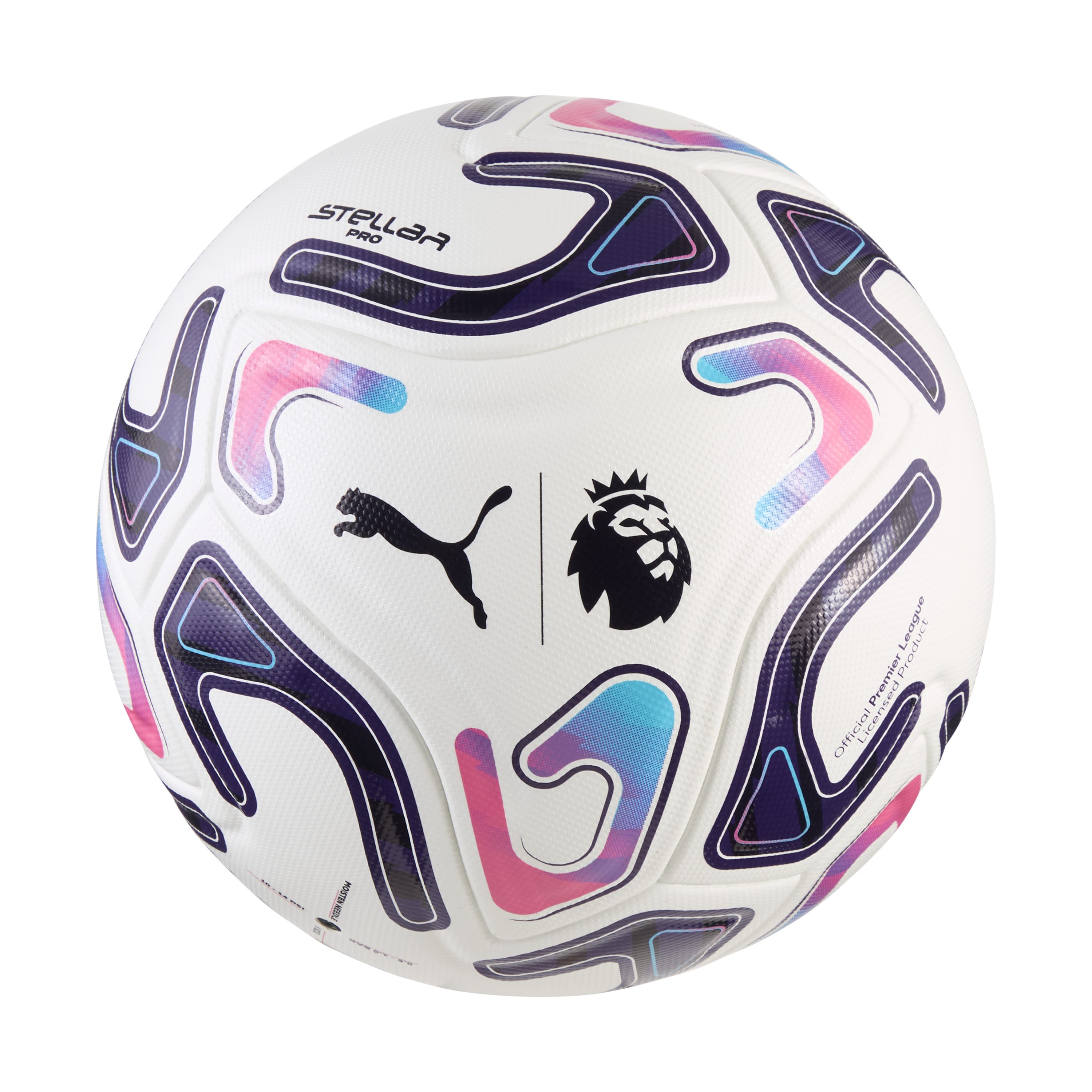 White Puma Stellar Pro soccer ball with purple, pink, and blue patterns, featuring the Puma and Premier League logos.