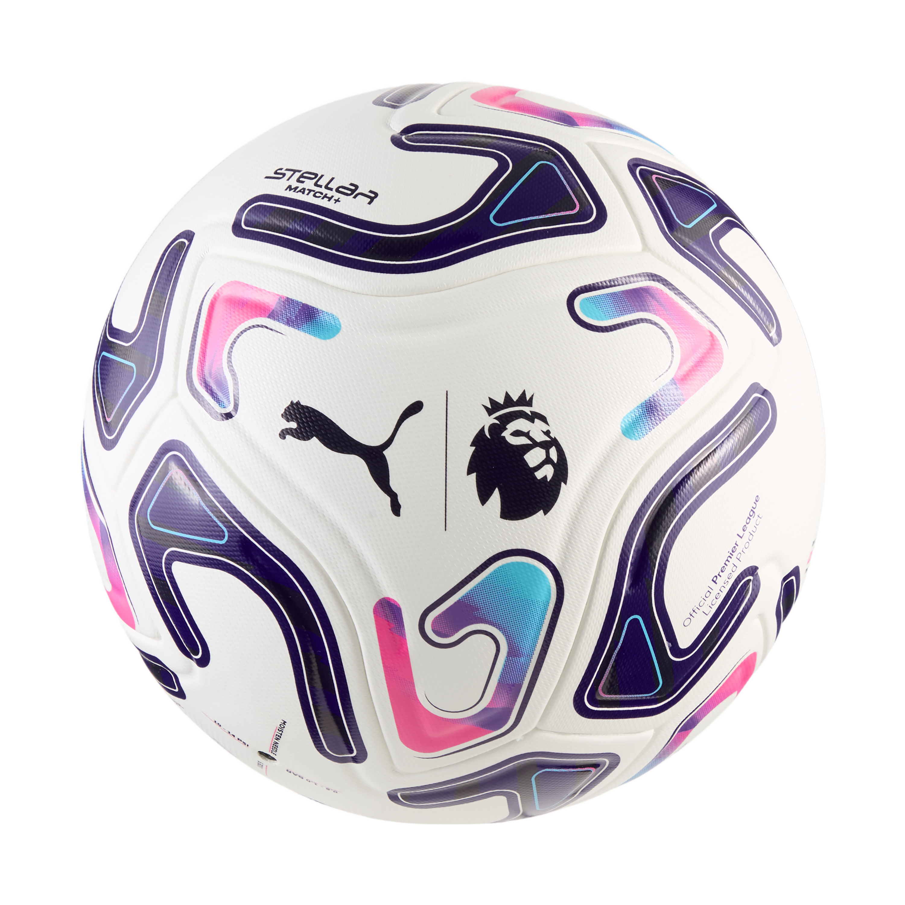 White Puma soccer ball with Premier League logo, featuring wavy purple, pink, and teal graphics.