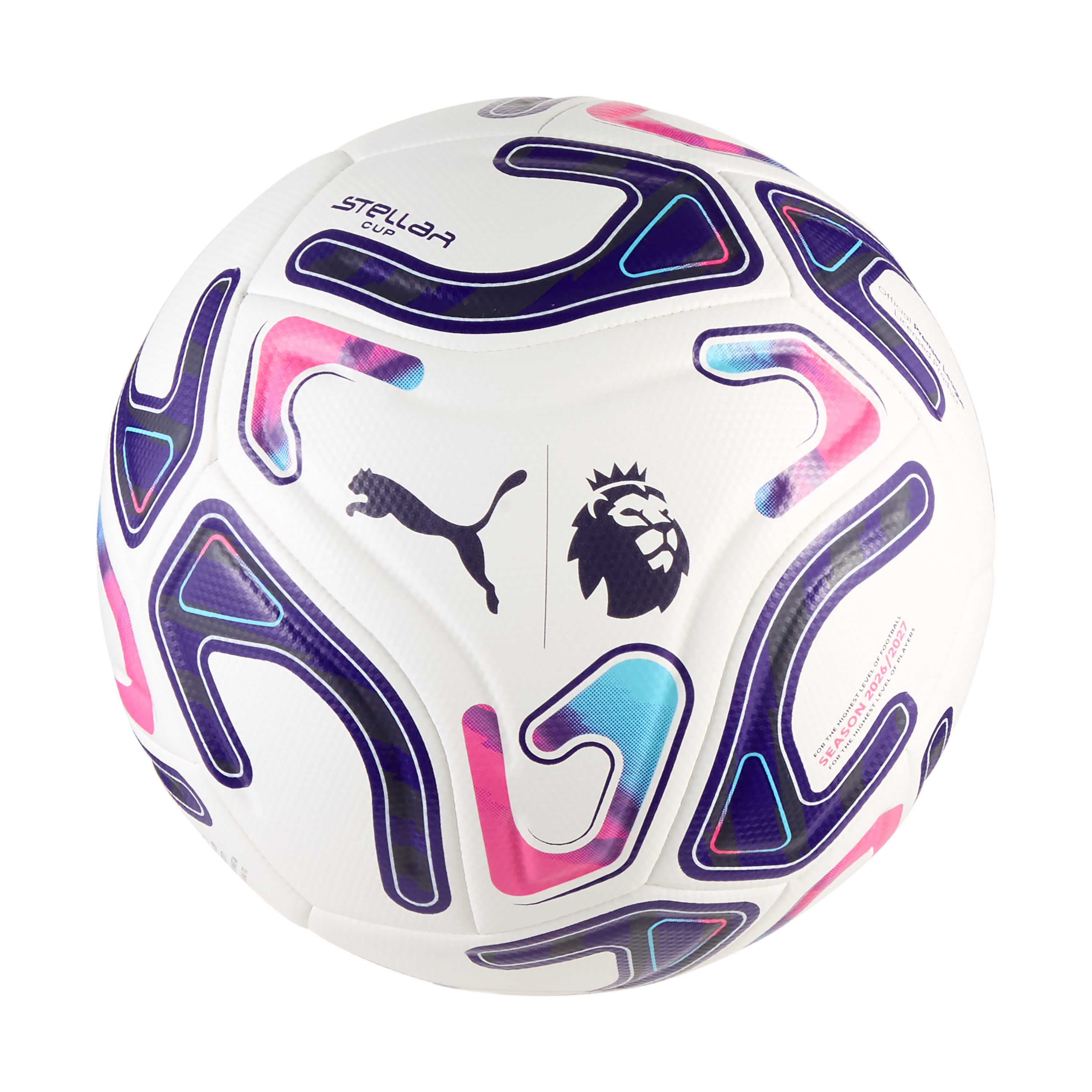 White Puma soccer ball featuring vibrant purple, pink, and blue abstract patterns, alongside the Premier League and Puma logos.