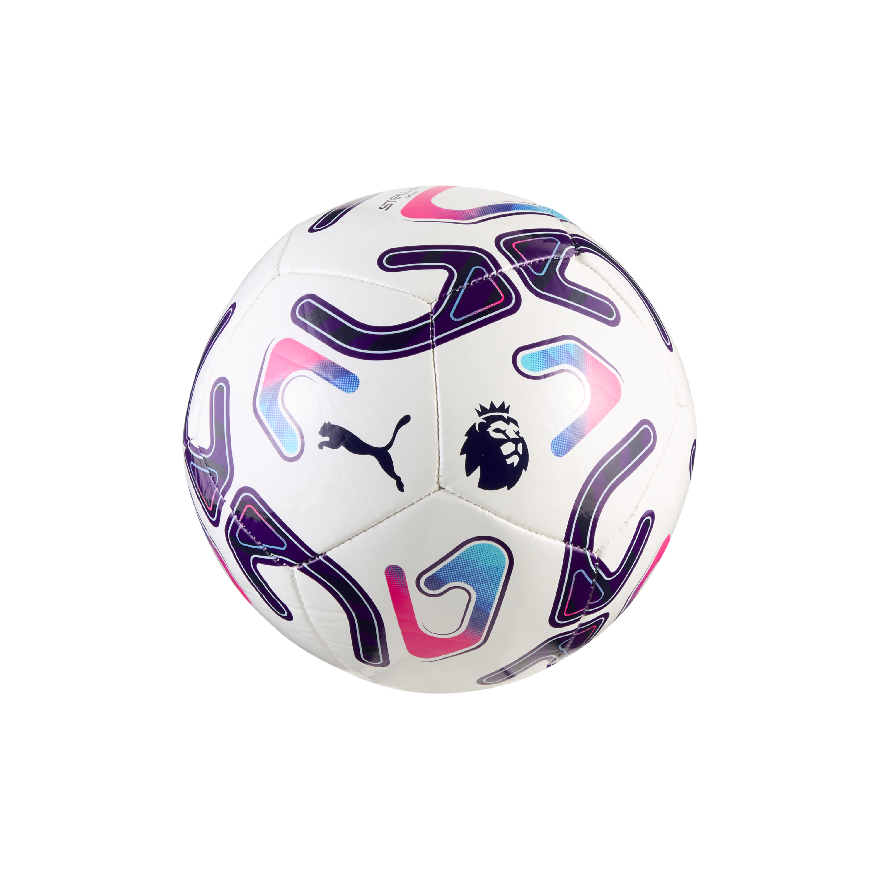 White soccer ball with the Puma and Premier League logos, decorated with purple, blue, and pink abstract geometric designs against a plain white background.