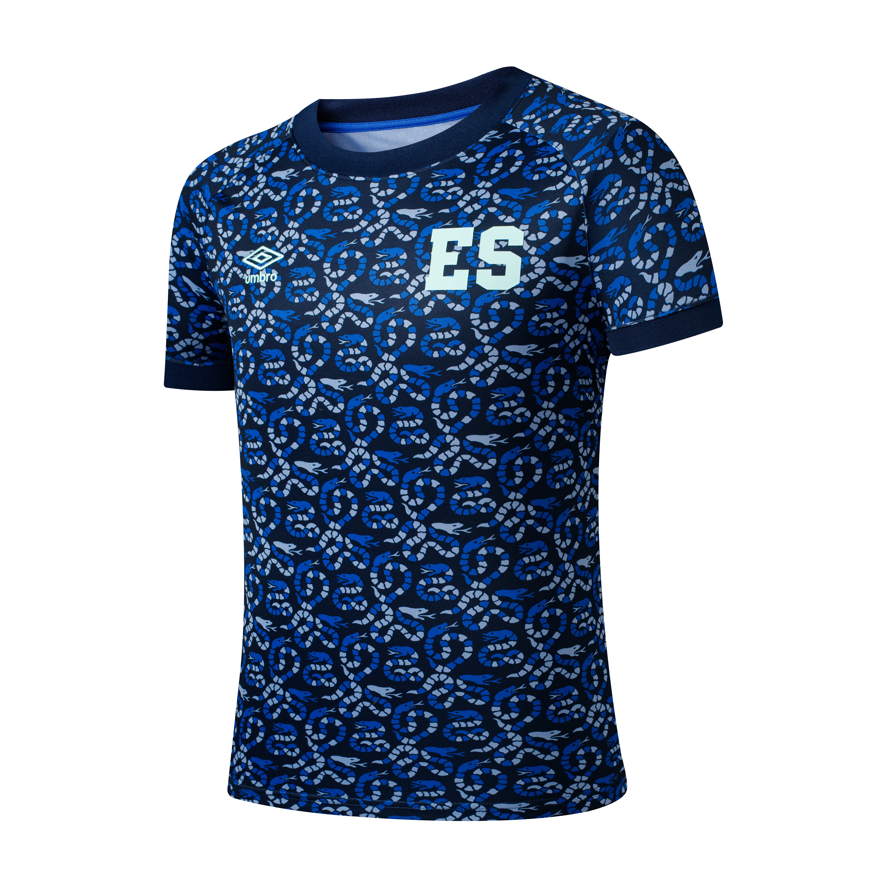 A blue Umbro athletic jersey featuring an all-over pattern of stylized snakes in shades of blue and grey, with a large "ES" logo on the chest.