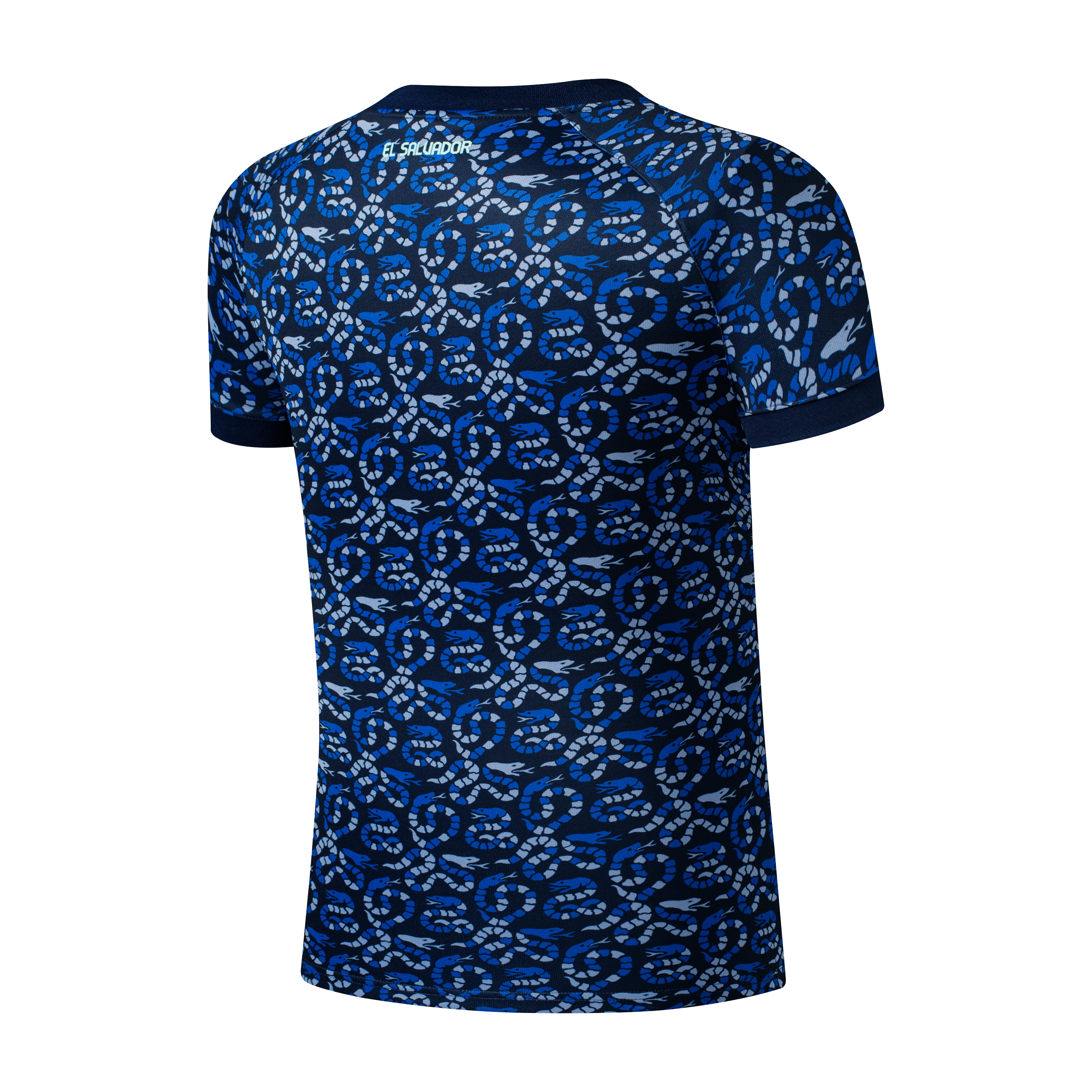 Back view of a blue short-sleeve jersey with an all-over snake pattern and "EL SALVADOR" printed in light blue below the neckline.
