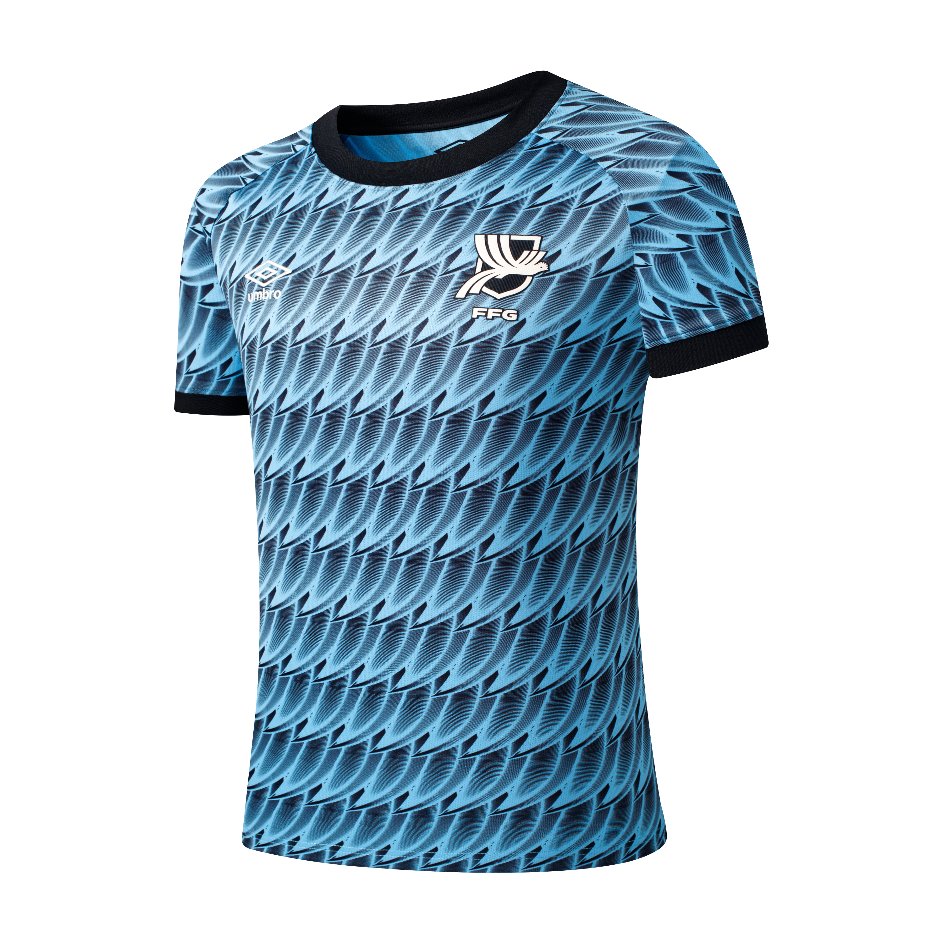 Light blue Umbro soccer jersey with a dark blue wing-like pattern, a white stylized bird crest labeled "FFG," and black trim on the collar and sleeves.