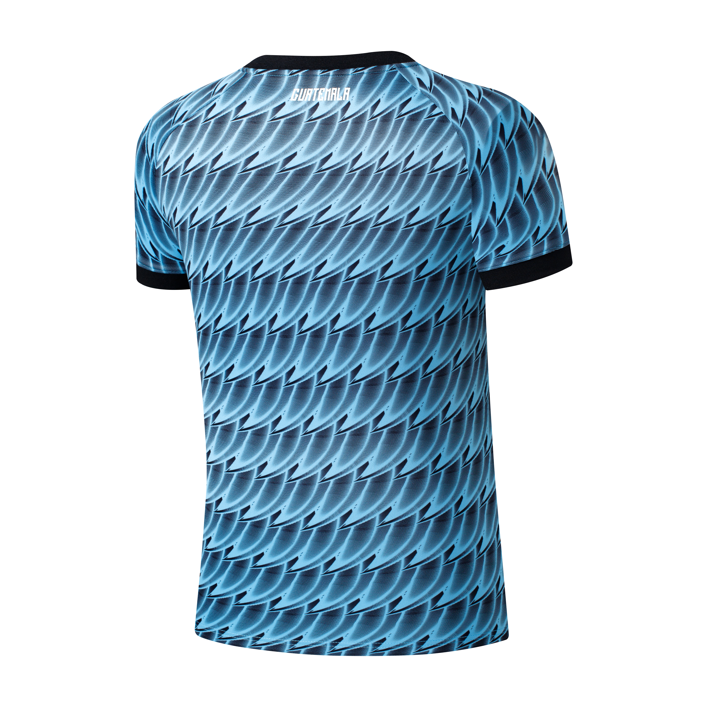 Back of a light blue soccer jersey with a repeating dark blue feather-like pattern. "GUATEMALA" is printed in white below the collar.