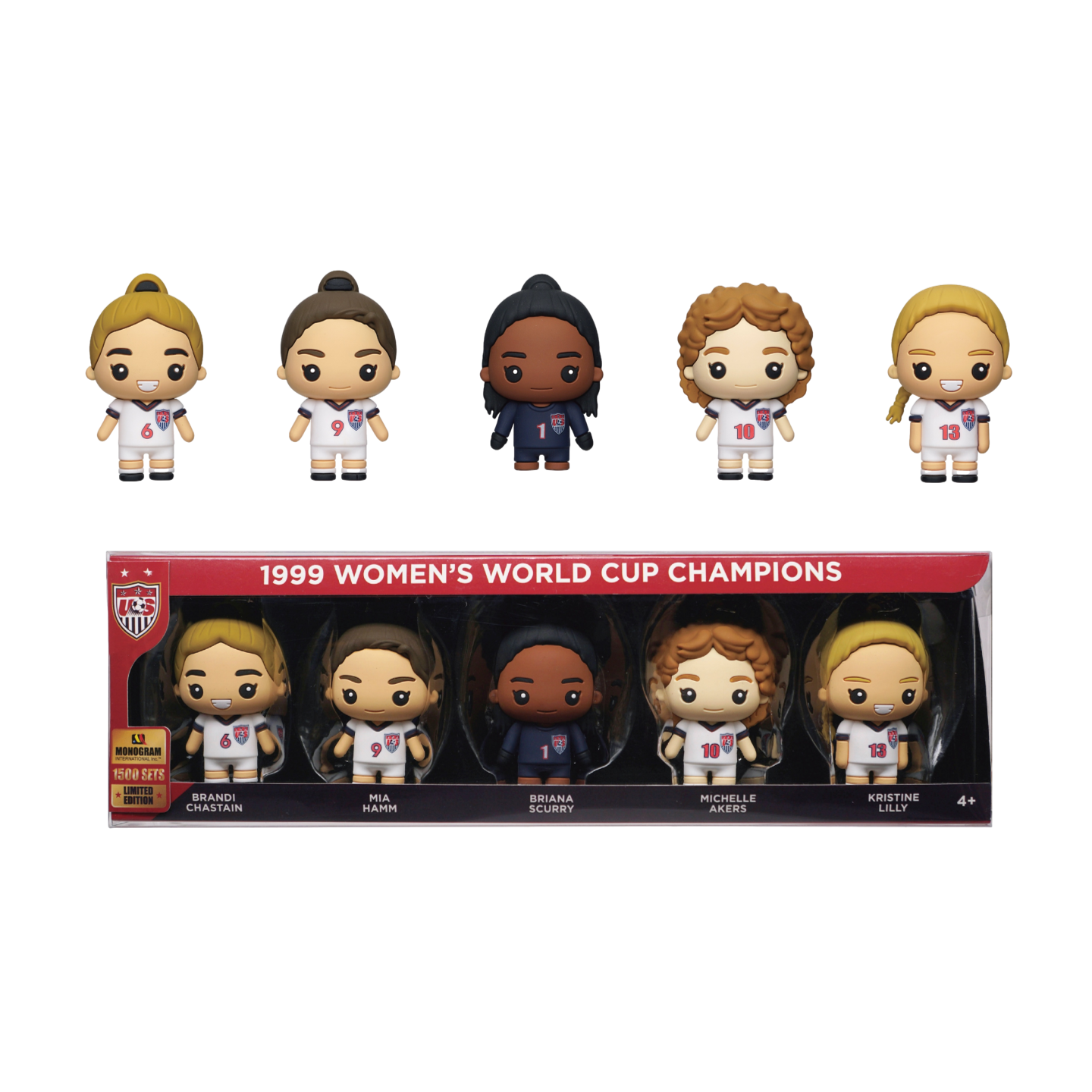 A Monogram 99ers 1999 Womens World Cup Champions 5 Piece Bag Clip Set featuring stylized figures of legendary players Brandi Chastain, Mia Hamm, Briana Scurry, Michelle Akers, and Kristine Lilly. The figures are shown both standing in a row and displayed