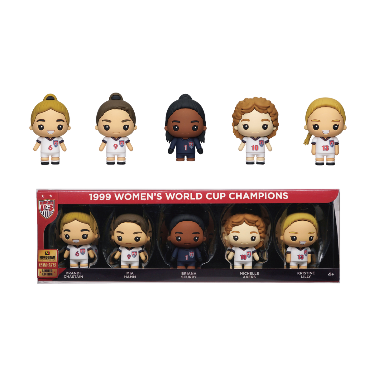 A Monogram 99ers 1999 Womens World Cup Champions 5 Piece Bag Clip Set featuring stylized figures of legendary players Brandi Chastain, Mia Hamm, Briana Scurry, Michelle Akers, and Kristine Lilly. The figures are shown both standing in a row and displayed