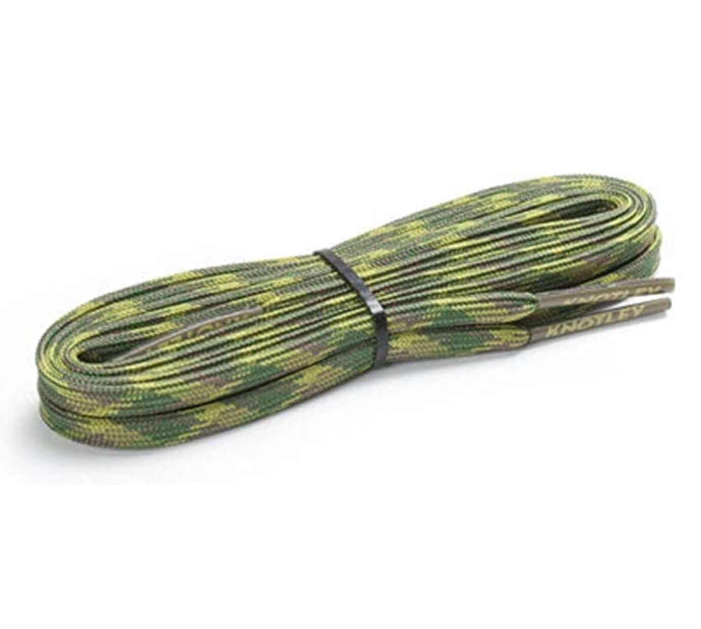 A pair of camouflage-patterned shoelaces in green, yellow, and brown, neatly coiled and secured with a black band on a plain white background.