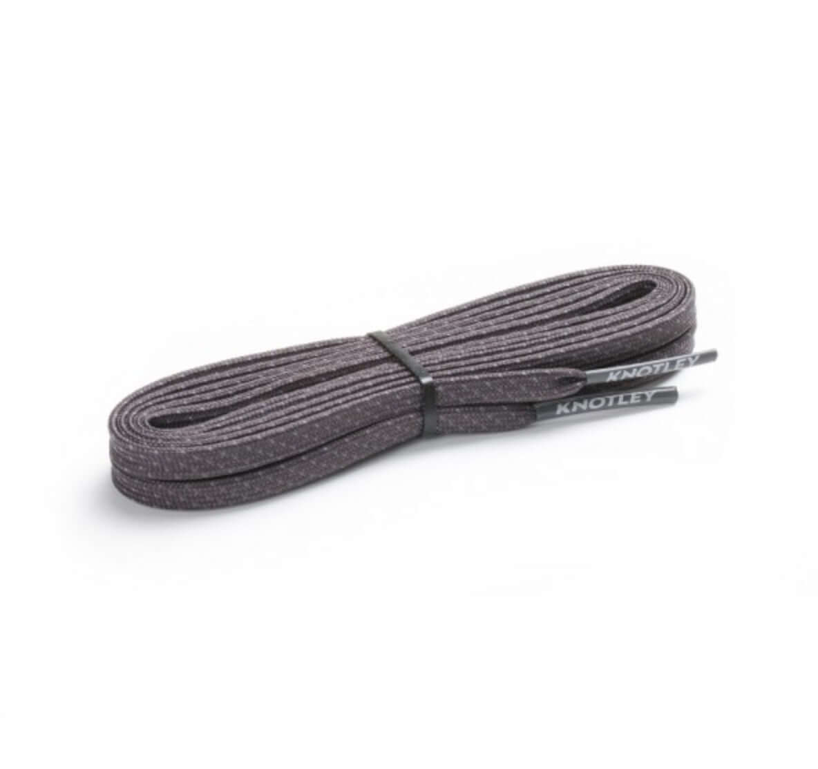 Coiled charcoal speckled shoelaces with black aglets featuring the KNOTLEY logo, shown against a white background.