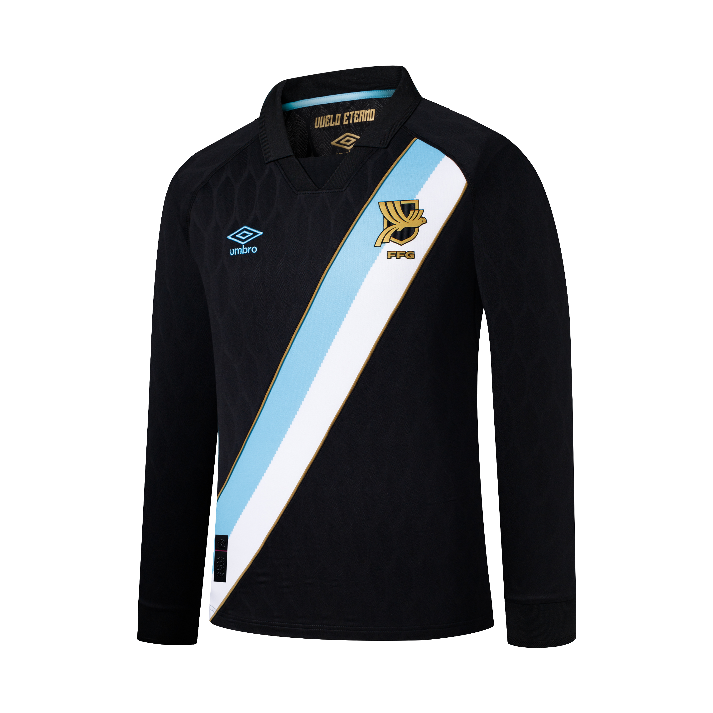 Black long-sleeve Umbro jersey with a diagonal light blue and white sash and gold team crest. The black fabric has a subtle textured pattern.