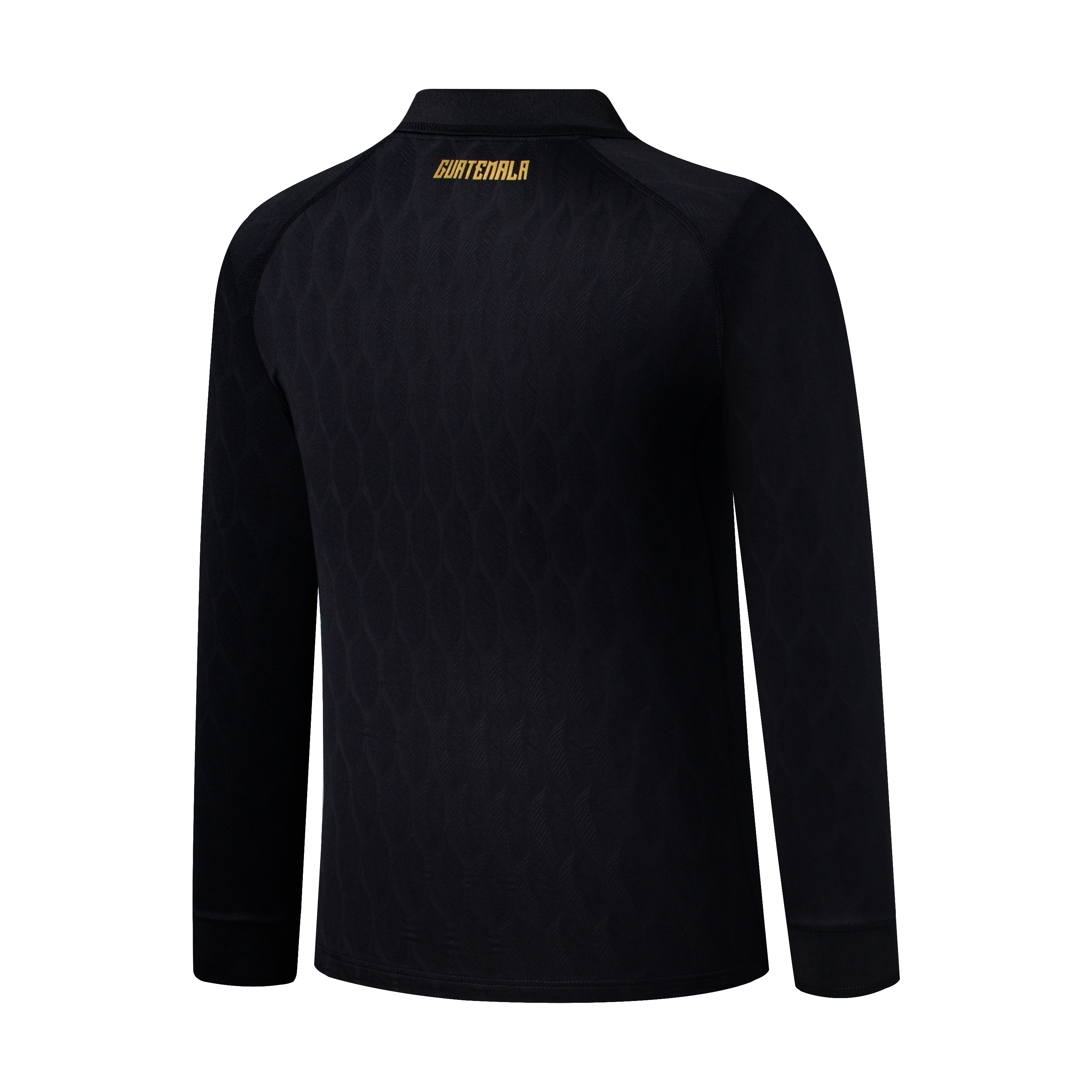 Rear view of a black long-sleeved jersey with gold "GUATEMALA" lettering at the top and a subtle, embossed repeating pattern across the fabric.