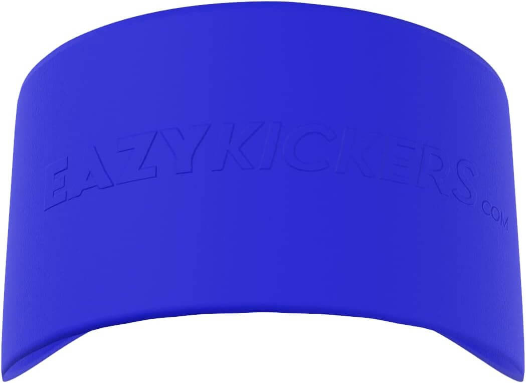 A vibrant blue Eazy Kickers Shoe Band Lace Cover with embossed text across its curved surface.