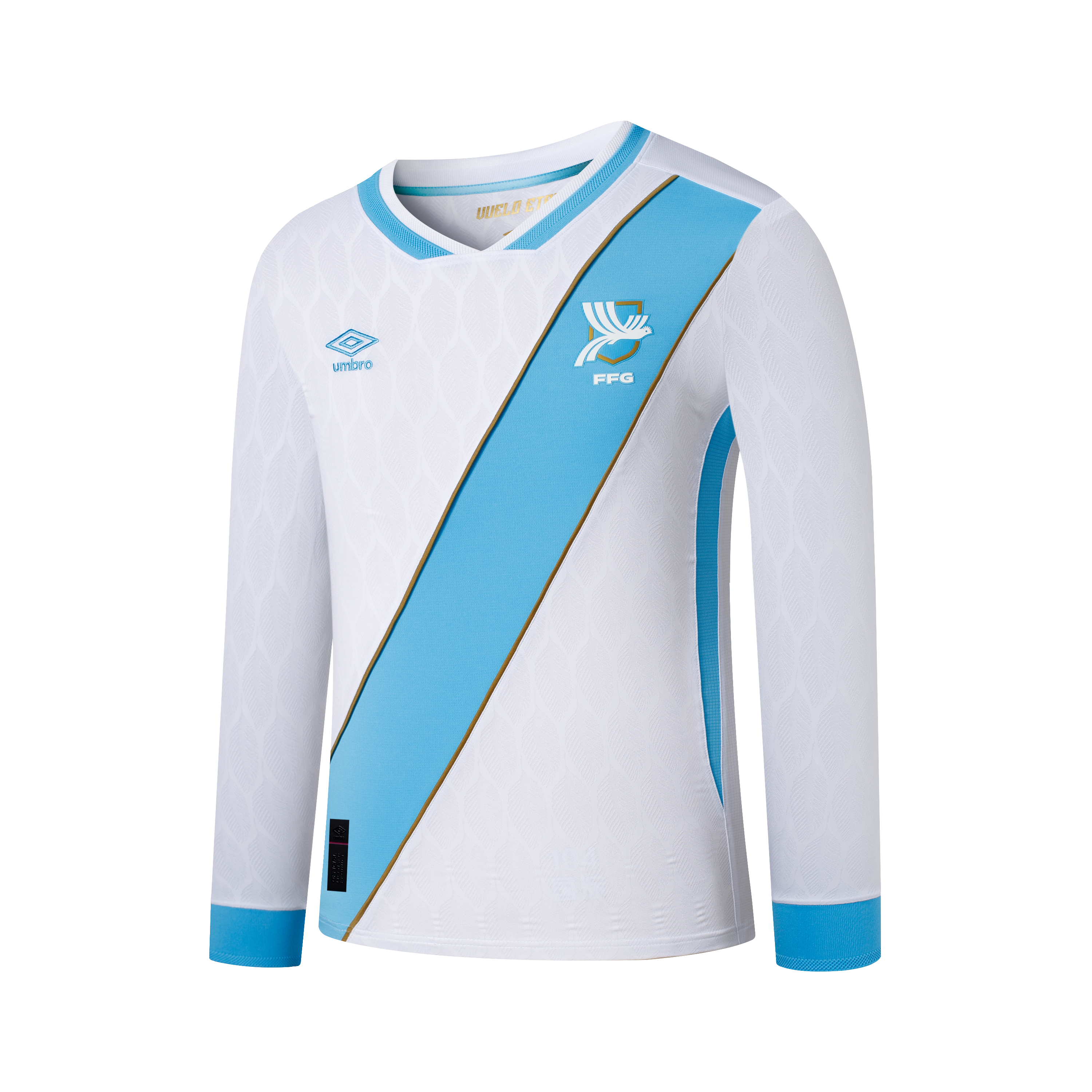 White long-sleeved Umbro soccer jersey featuring a light blue diagonal sash with a gold border, light blue cuffs, and a team crest on the chest.