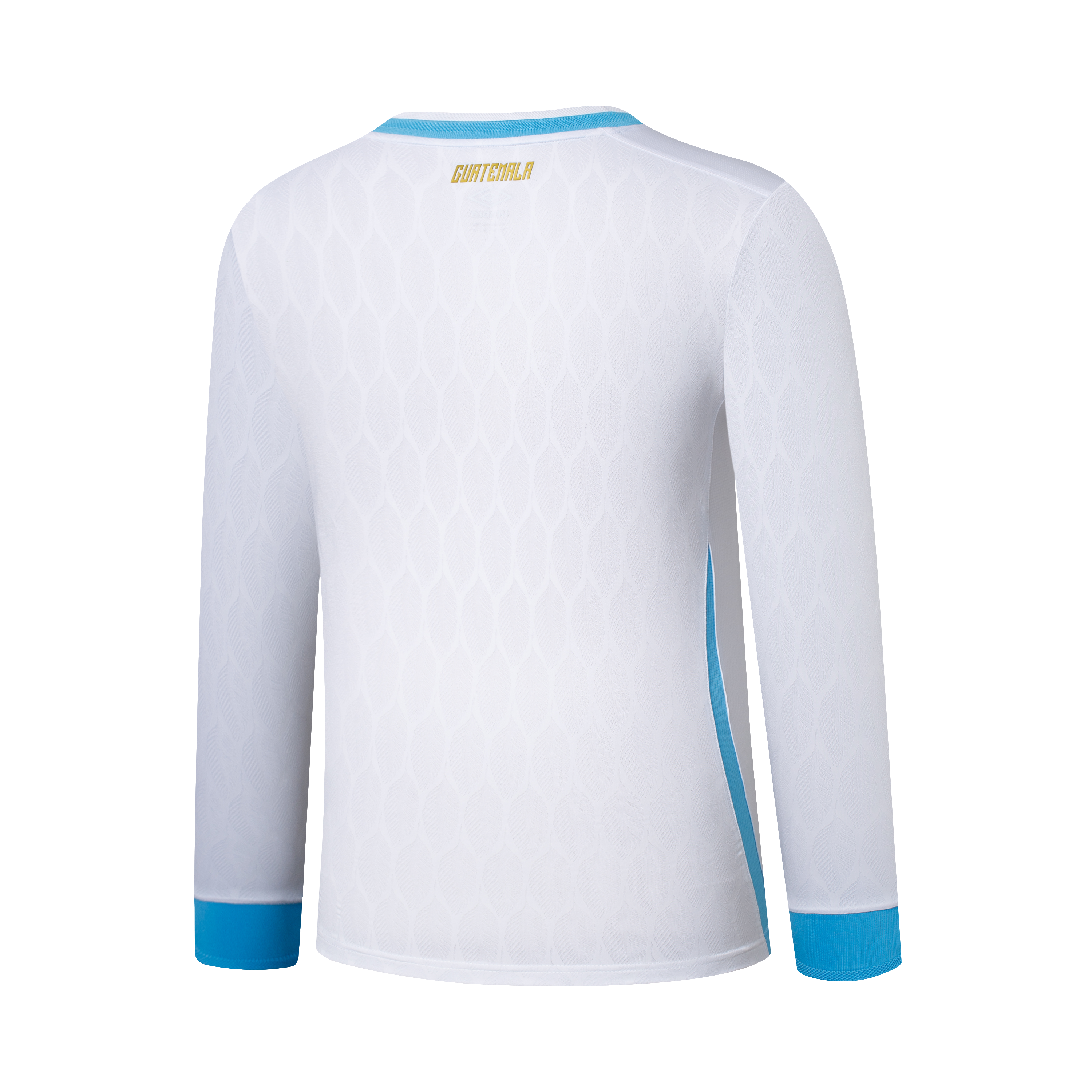 Back view of a white long-sleeve jersey with textured fabric, light blue trim on the collar and cuffs, and gold "GUATEMALA" text below the neckline.