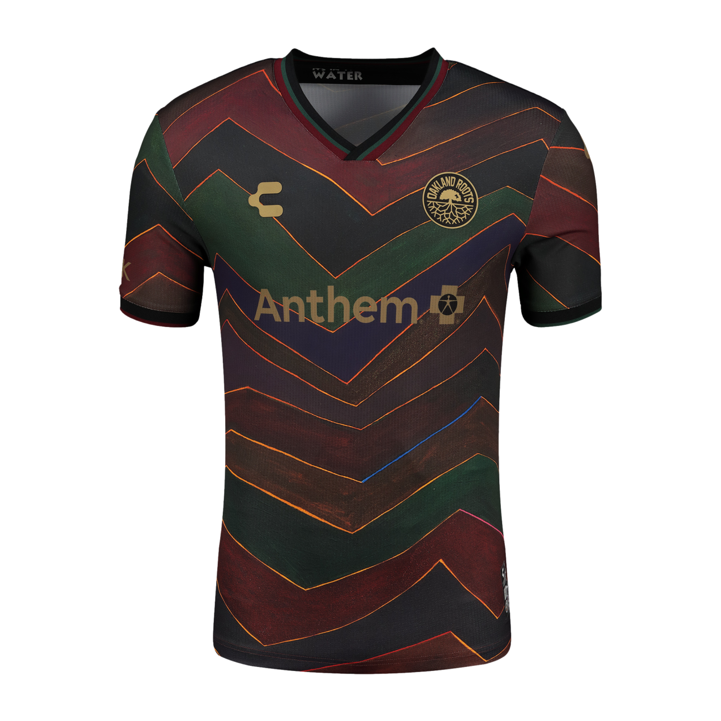 An Oakland Roots soccer jersey with a vibrant multicolored chevron pattern. Features gold logos for Charly, Anthem, and the team crest on the chest.