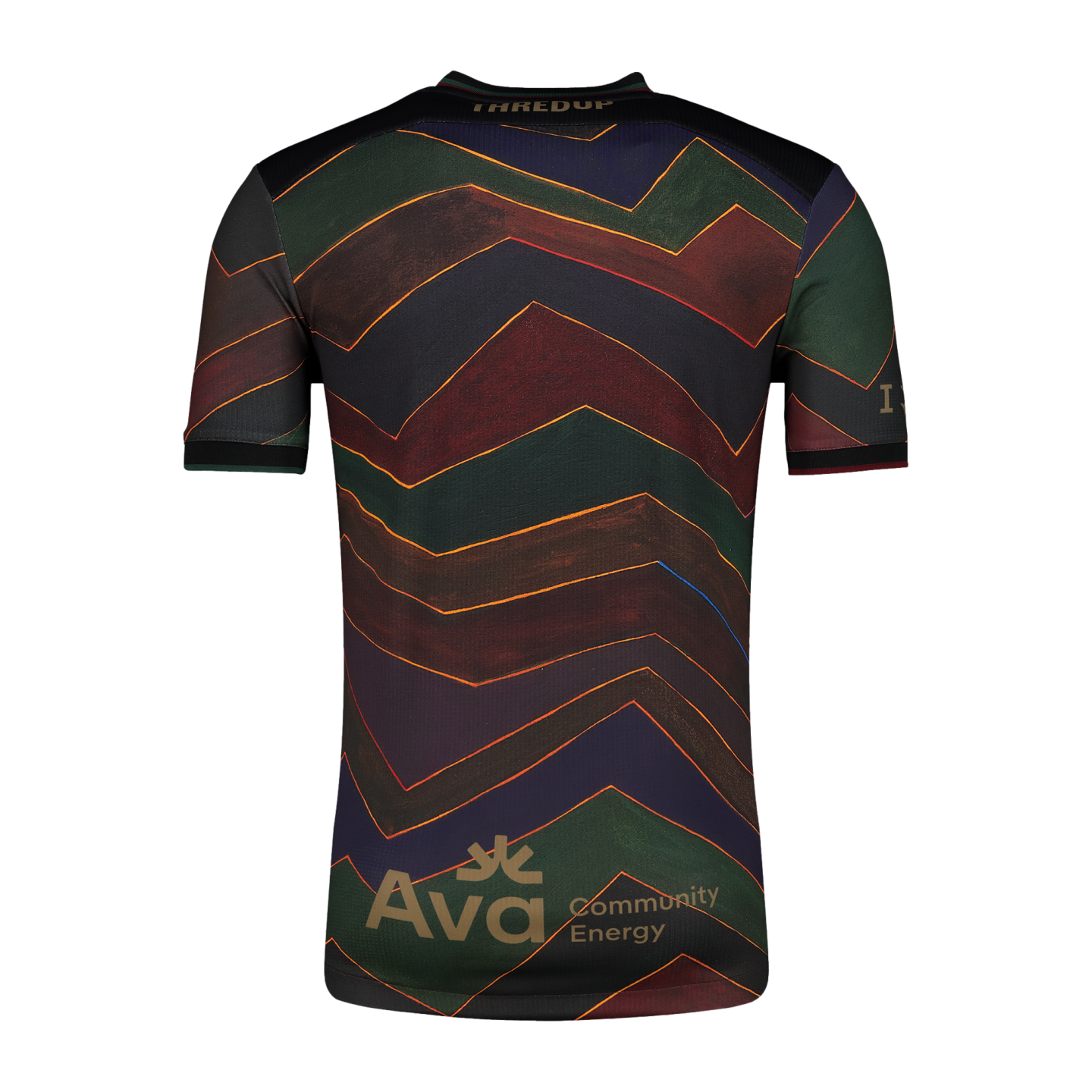 Back of a soccer jersey featuring a multi-colored geometric zig-zag pattern. Gold sponsor logos for "THREDUP" and "Ava Community Energy" are on the collar and lower back.