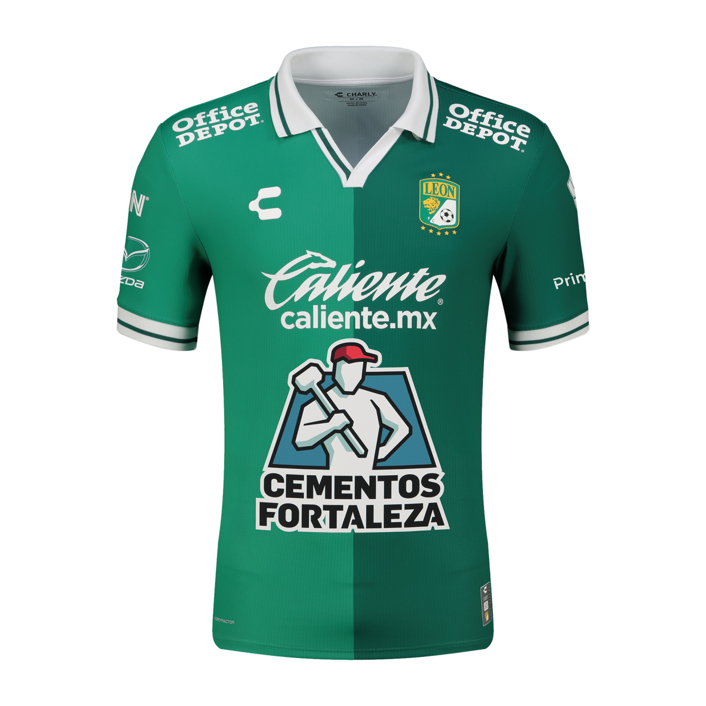 A green two-tone soccer jersey for Club León with a white collar, featuring Charly, Caliente, and Cementos Fortaleza sponsor logos.