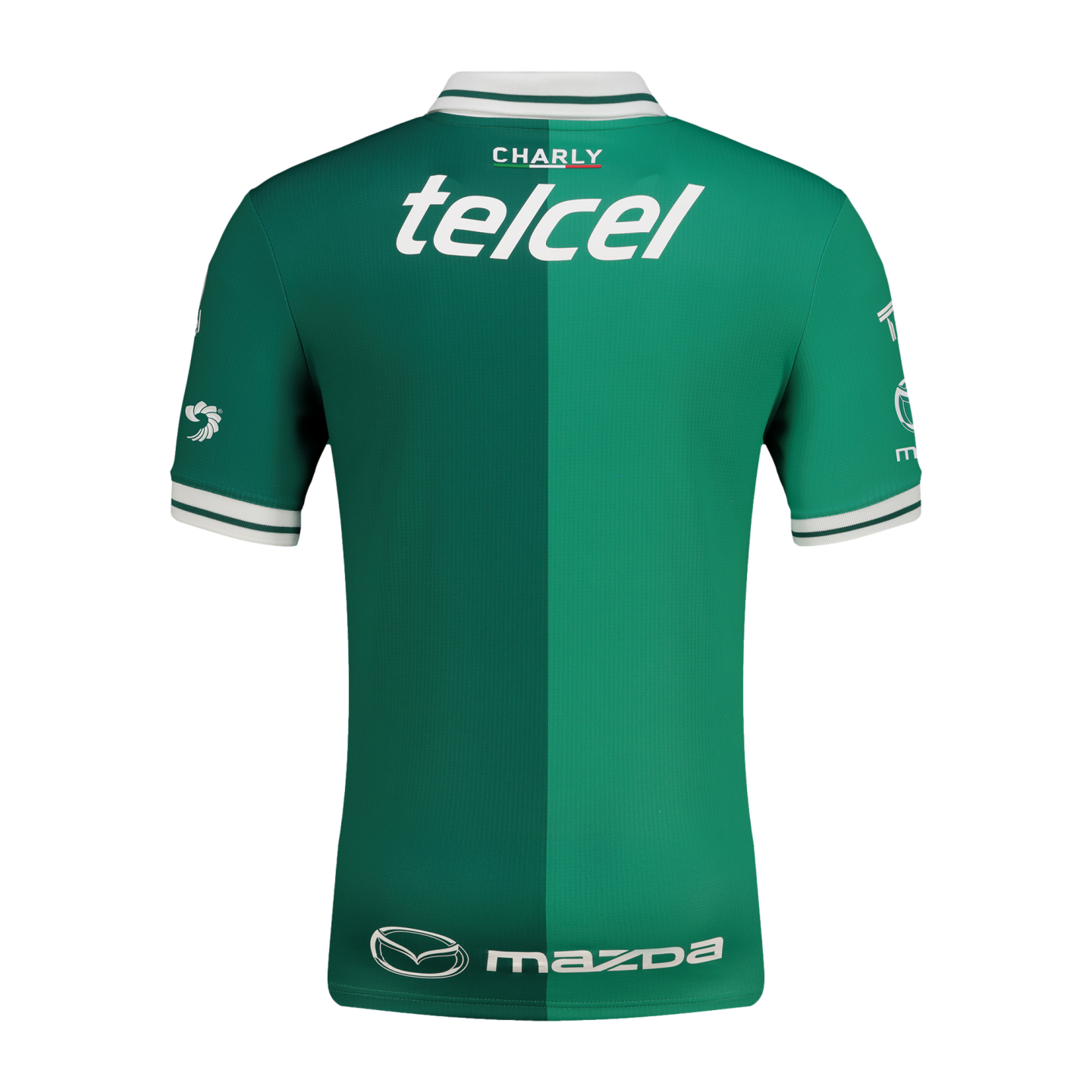 Back view of a green soccer jersey with two-tone panels, white Charly, Telcel, and Mazda logos, and striped trim on the collar and sleeves.