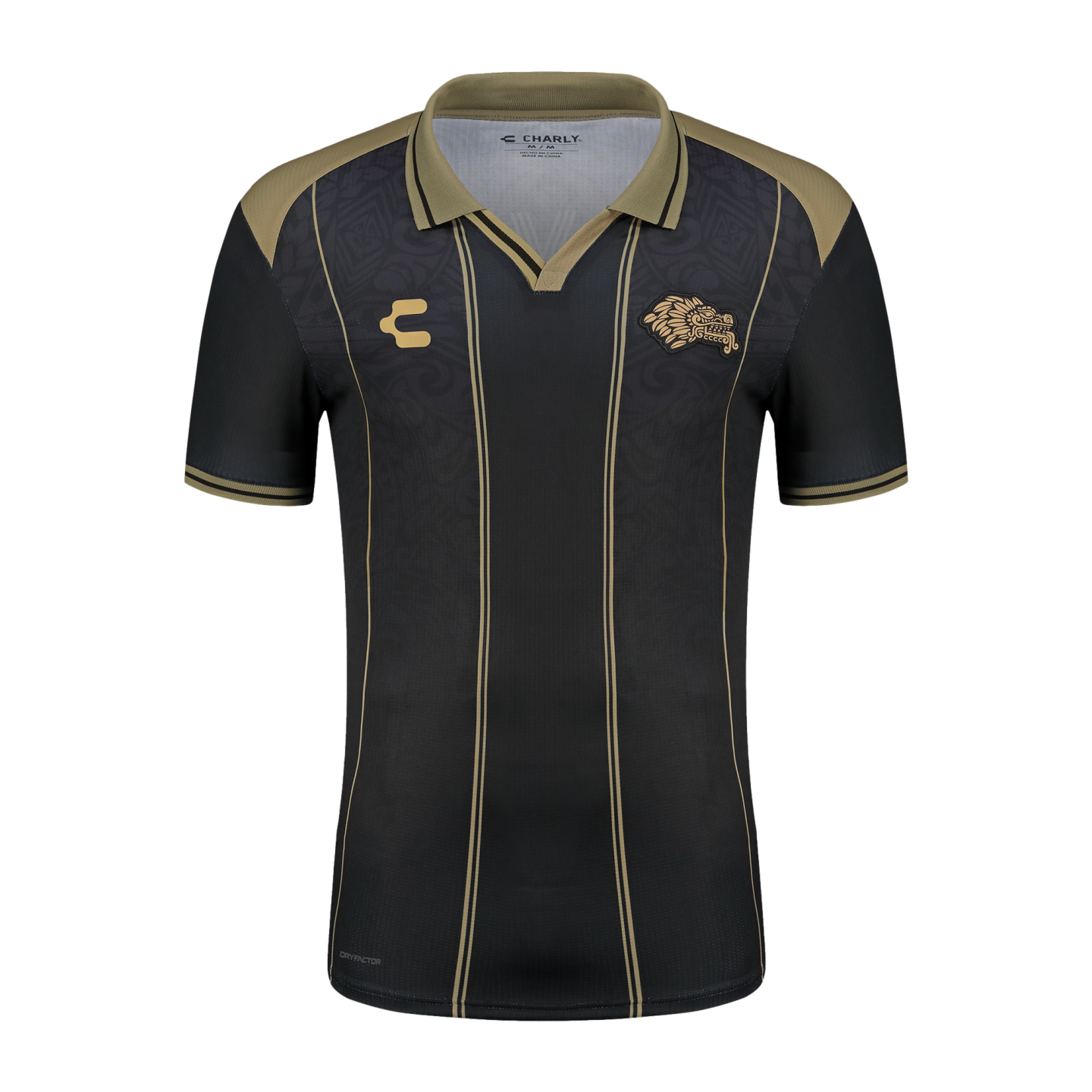 Black Charly soccer jersey with gold vertical pinstripes, a gold collar, and a gold serpent crest on the chest. Tonal patterns appear on the gold shoulder panels.