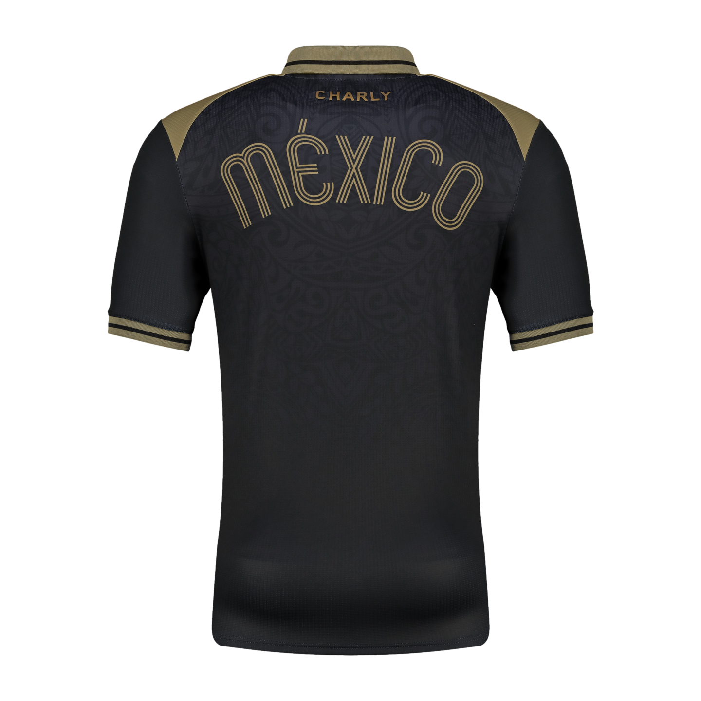 Back of a black and gold soccer jersey with "MÉXICO" in stylized lettering, "CHARLY" branding, and a subtle tonal pattern on the upper back.