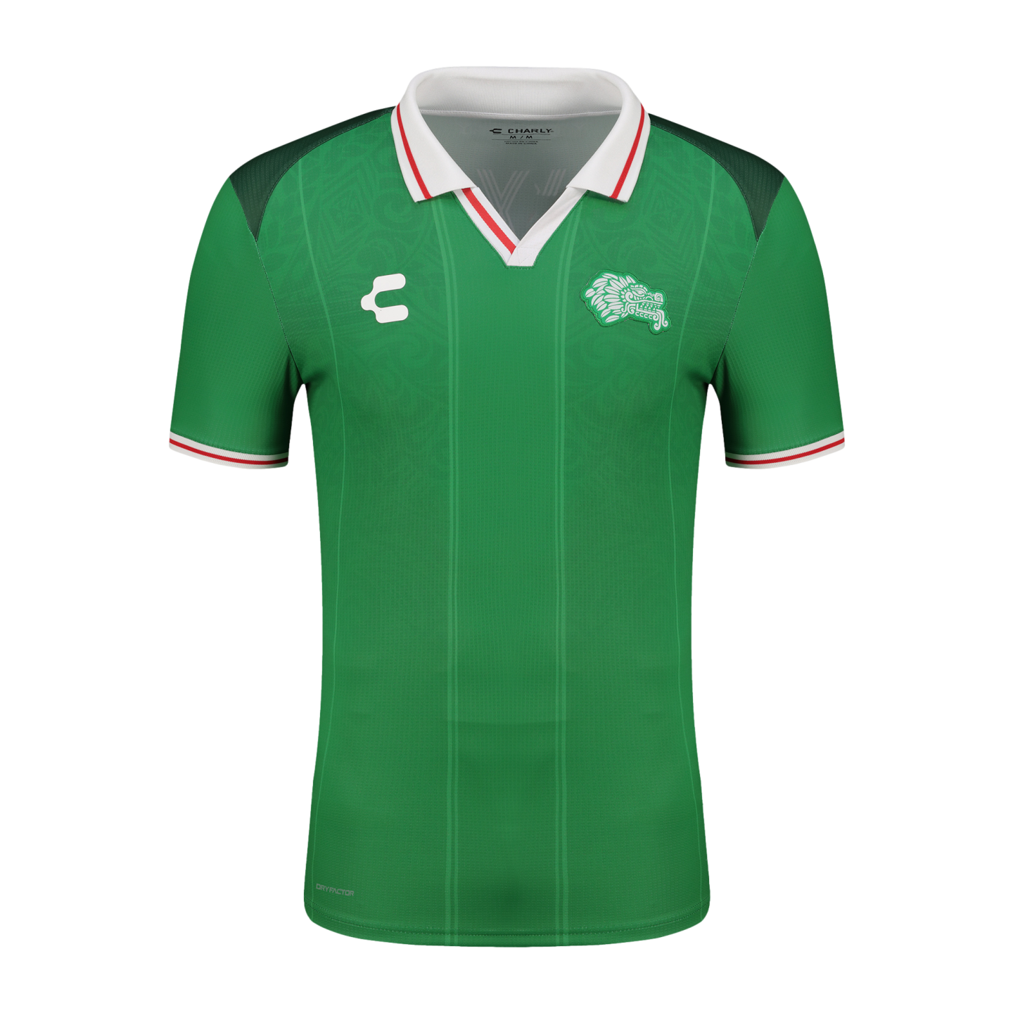 Green short-sleeved sports jersey with a white and red polo collar, featuring a white logo and a feathered serpent crest on the chest.