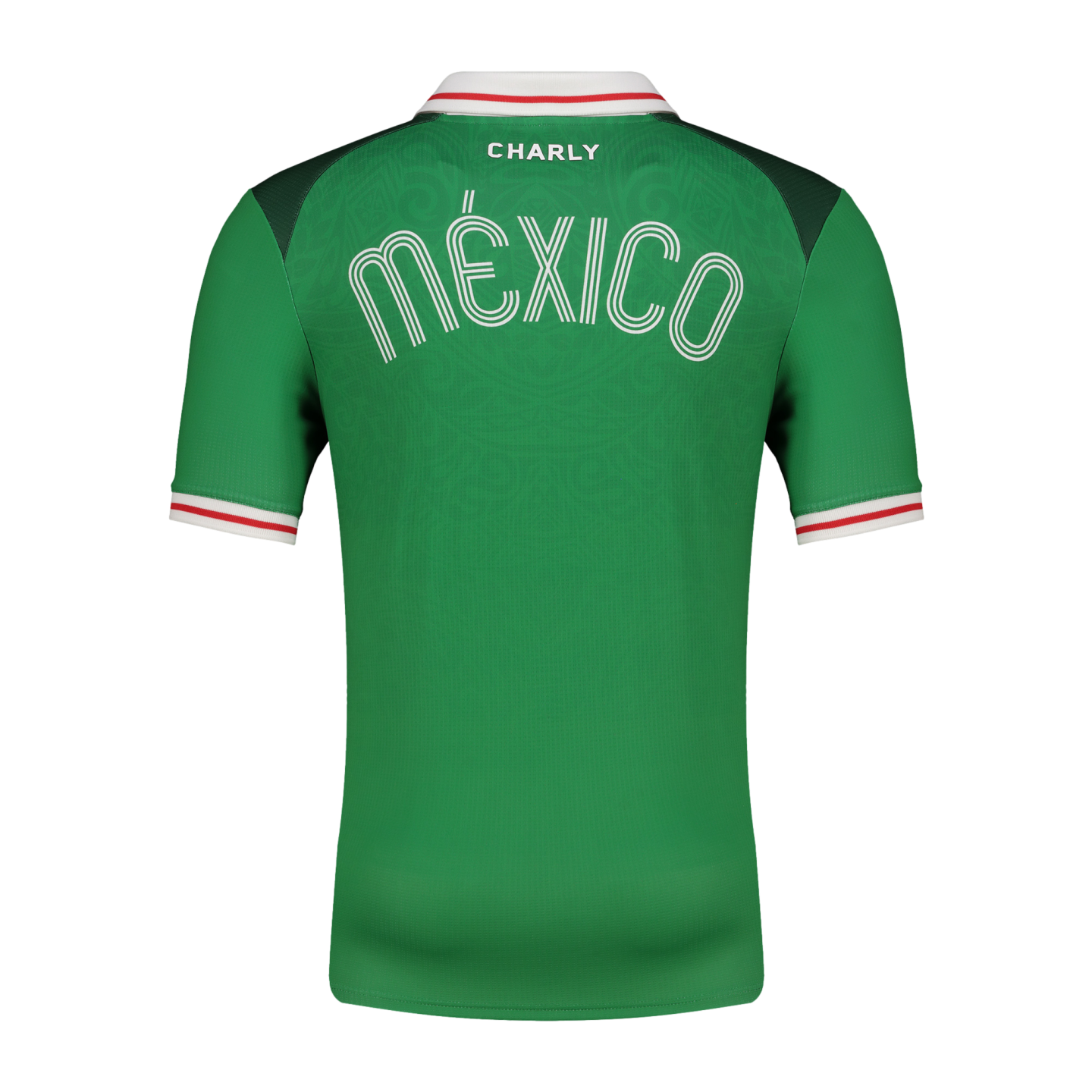 The back of a green Mexico soccer jersey by Charly, featuring the word "MÉXICO" in a stylized white font and red and white trim on the collar and sleeves.