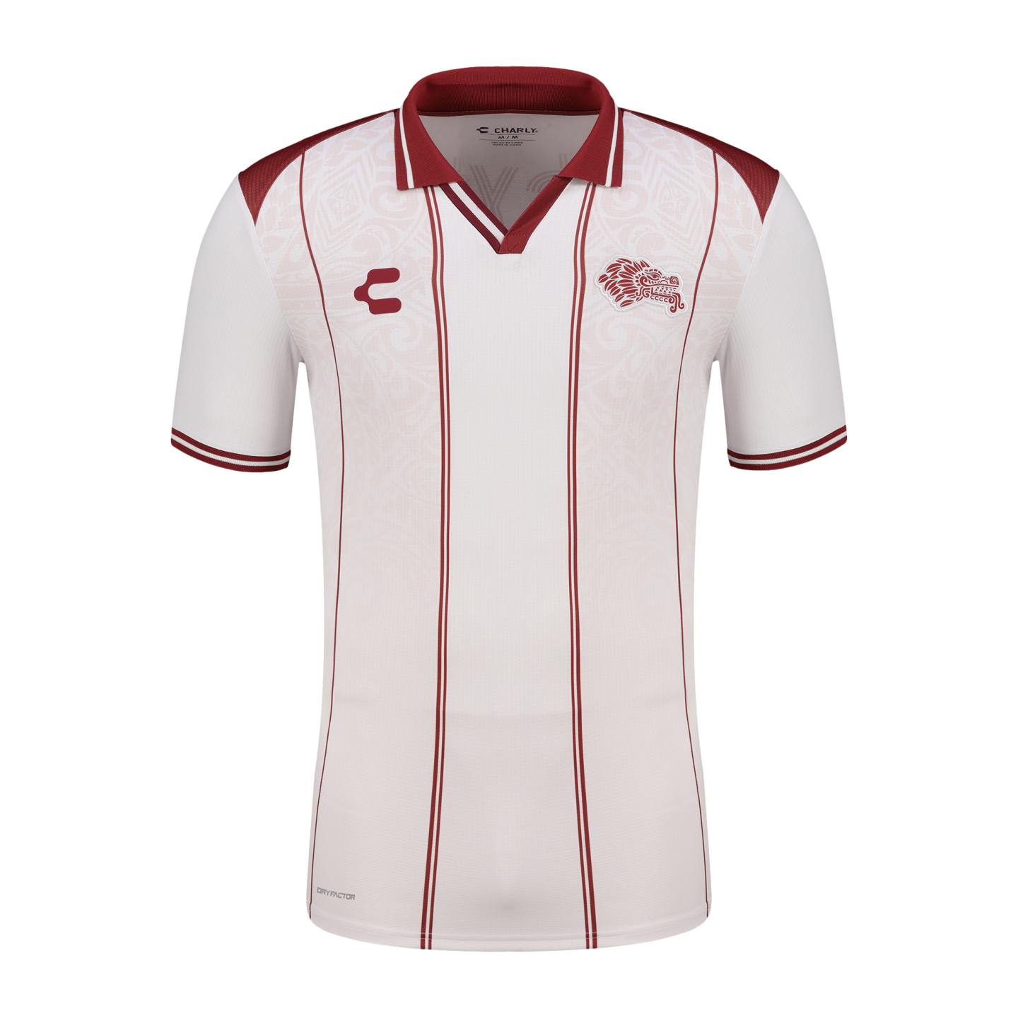 White soccer jersey with maroon polo collar, thin vertical stripes, and tonal patterns. Features the Charly logo and a feathered serpent crest on the chest.