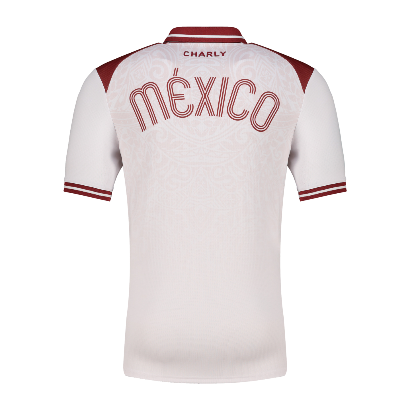 The back view of a white and maroon Mexico soccer jersey with arched "MÉXICO" text and subtle patterns on the upper back.