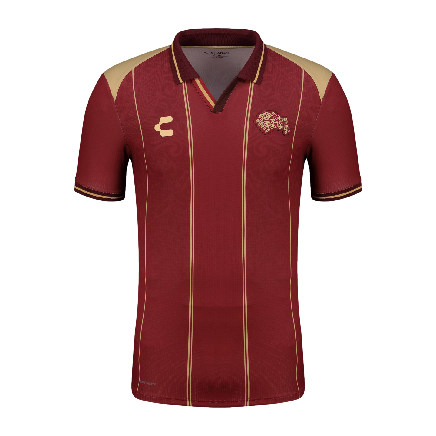 Maroon Charly soccer jersey with thin gold pinstripes, gold shoulder accents, a polo collar, and a stylized gold Mesoamerican crest on the chest.