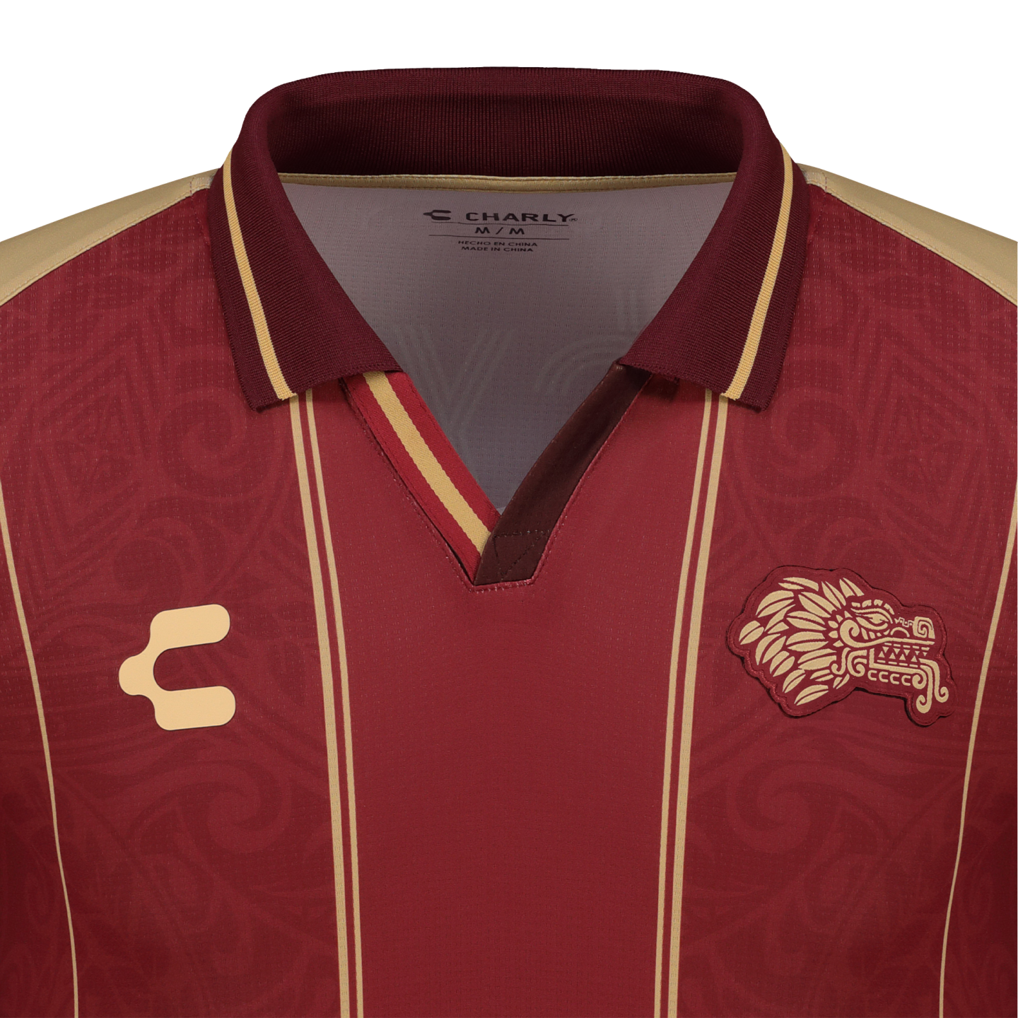 Maroon Charly soccer jersey with gold vertical stripes and an Aztec-style dragon crest on the chest.
