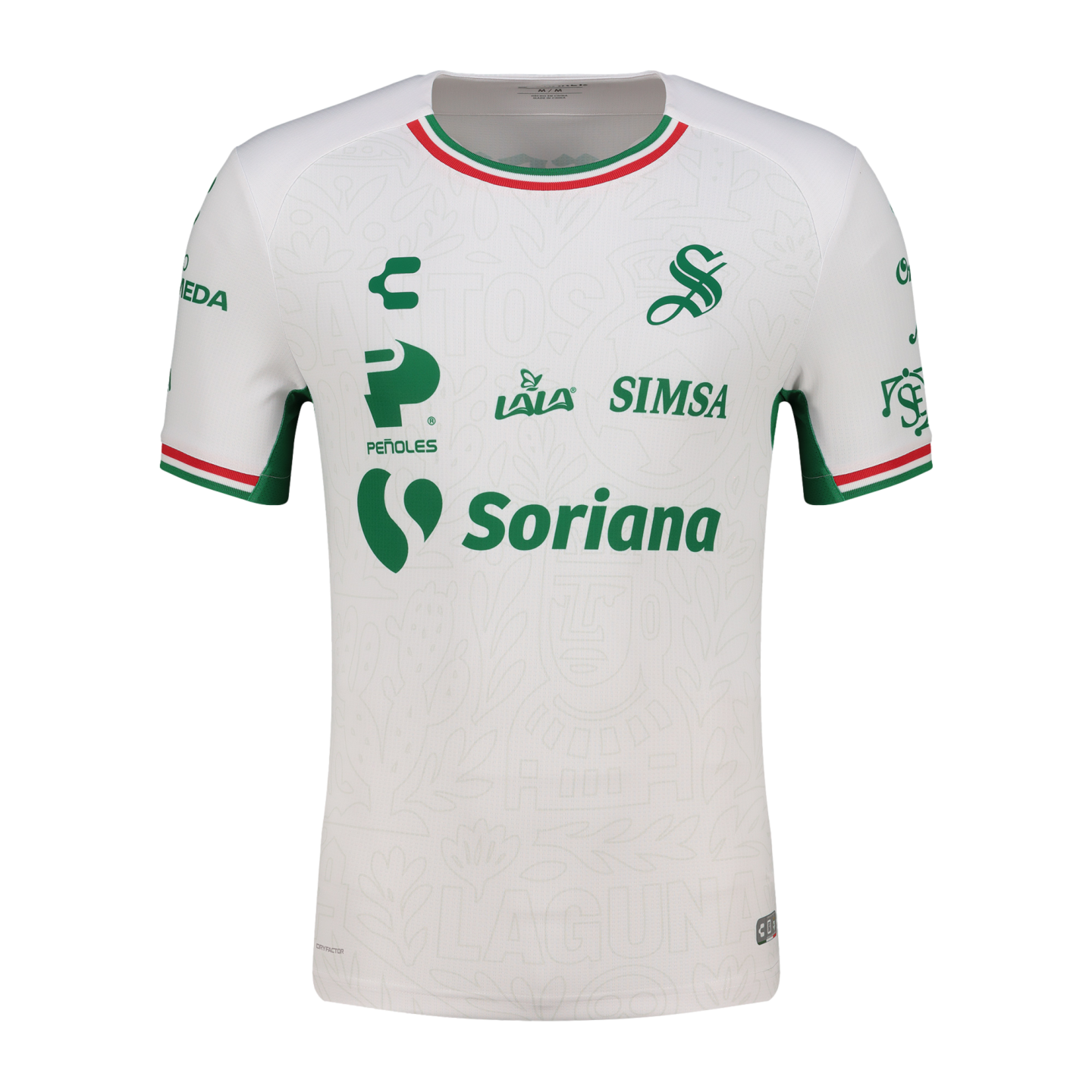 White Charly soccer jersey with green sponsor logos, a Mexican flag-colored collar and sleeve trim, and subtle tonal patterns throughout.