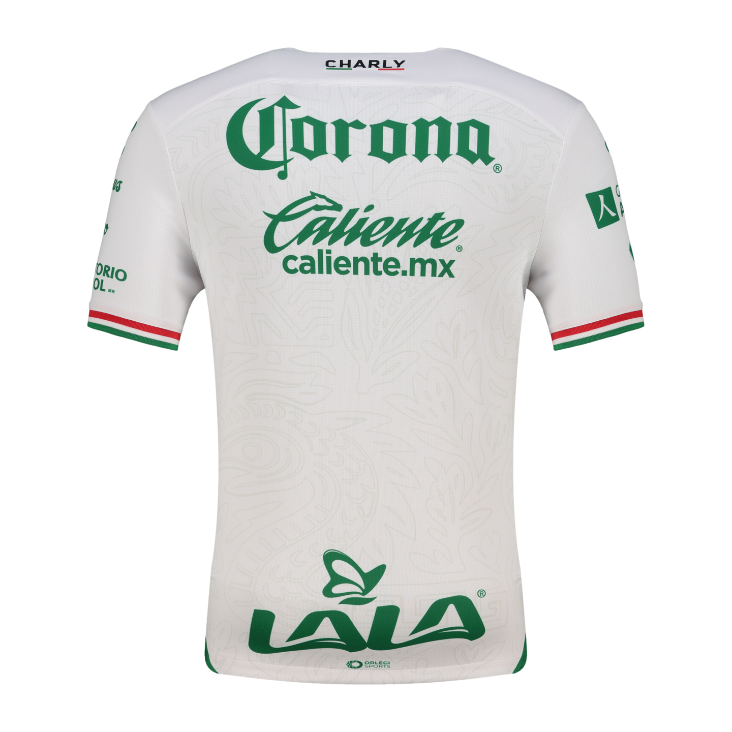 The back of a white soccer jersey with green Corona, Caliente, and LALA logos. Features Mexican flag trim on sleeves and "CHARLY" brand at the top back.