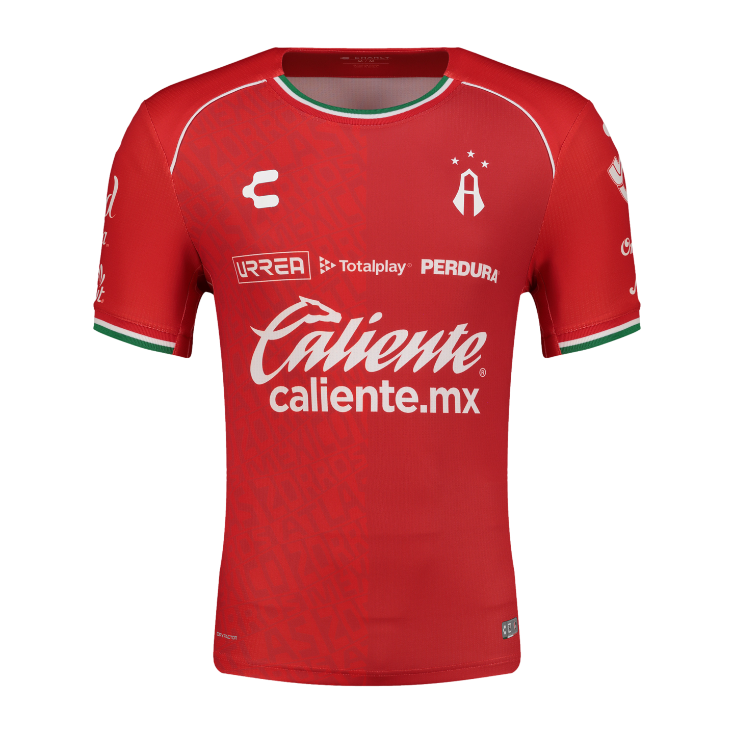 Red Atlas F.C. soccer jersey by Charly featuring white sponsor logos, the club crest, and green and white trim on the collar and sleeve cuffs.
