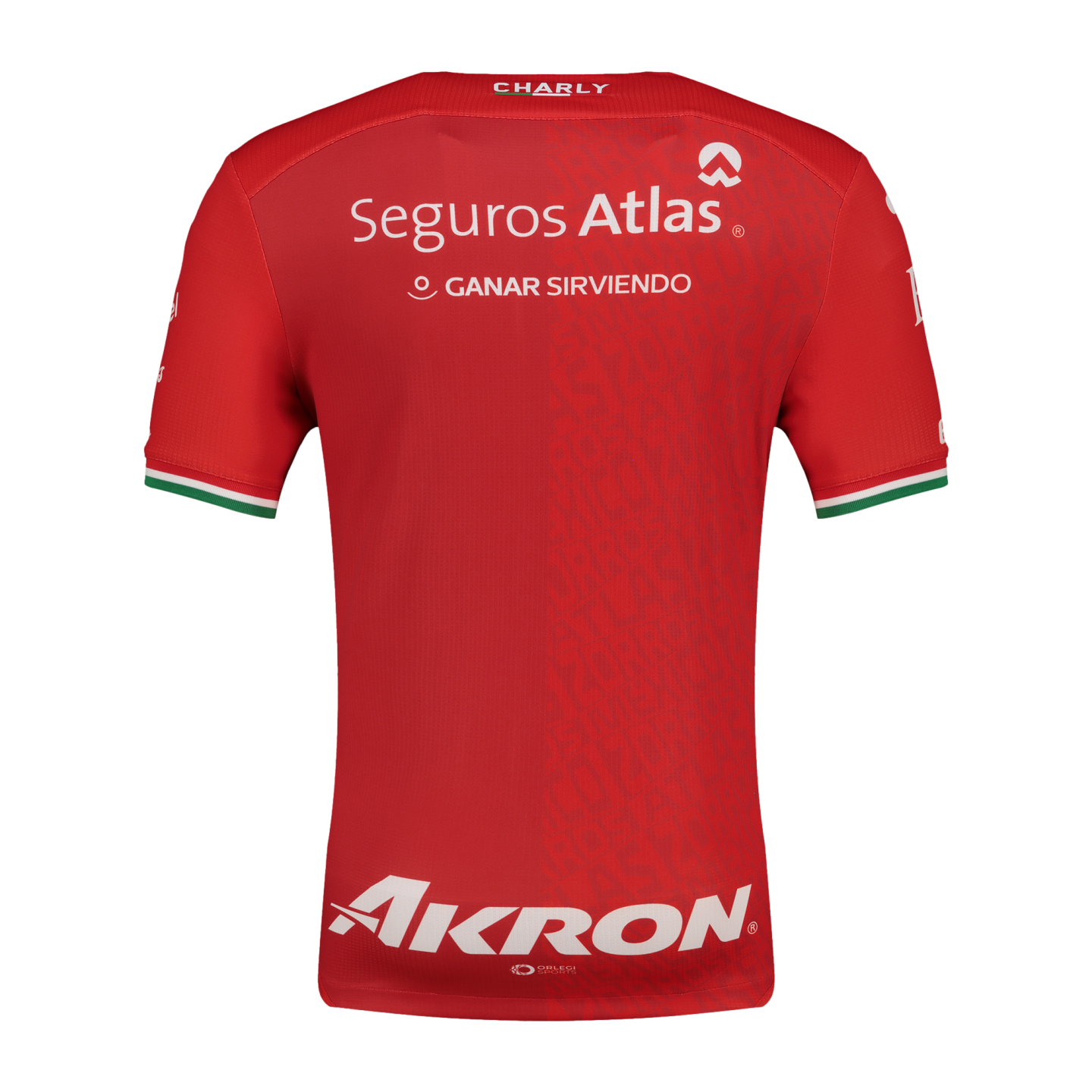 The back of a red Charly soccer jersey with white Seguros Atlas and Akron sponsor logos. The sleeve cuffs feature green, white, and red stripes.