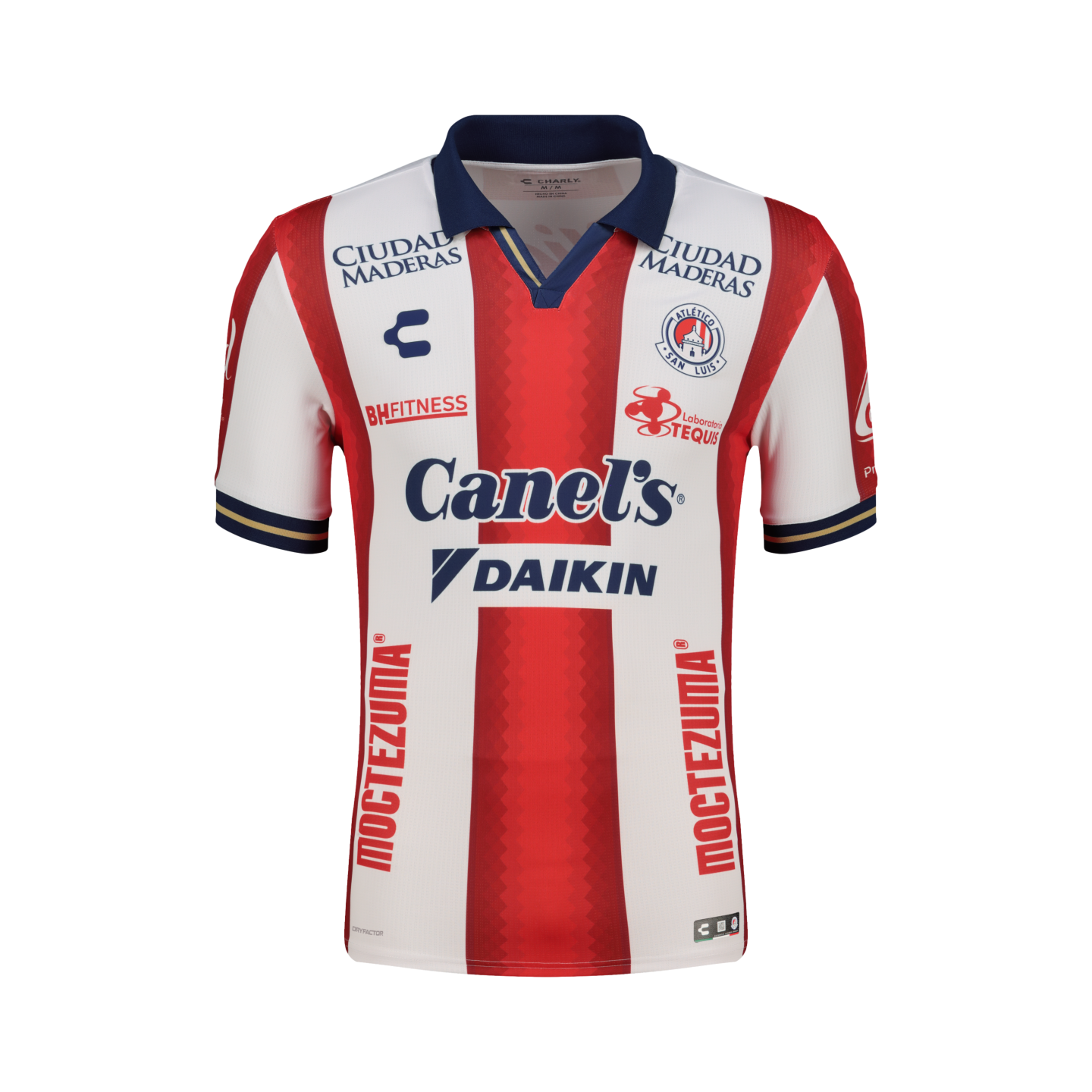 Atlético San Luis home jersey featuring red and white vertical stripes, a navy blue polo collar, and multiple sponsor logos, including Canel’s and Daikin, on the front.