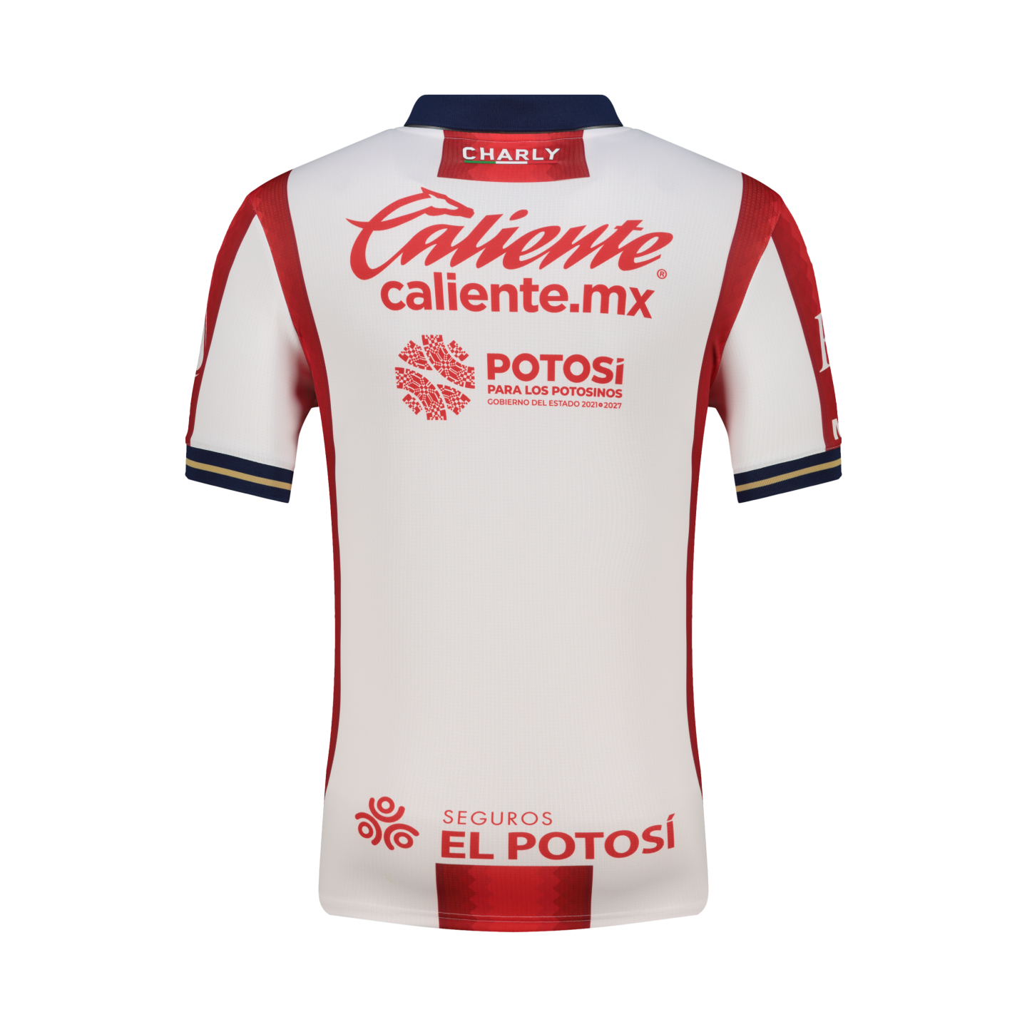 The back of a white soccer jersey with red side panels and navy trim. It features several red sponsor logos, including Caliente, Potosí, and Seguros El Potosí.