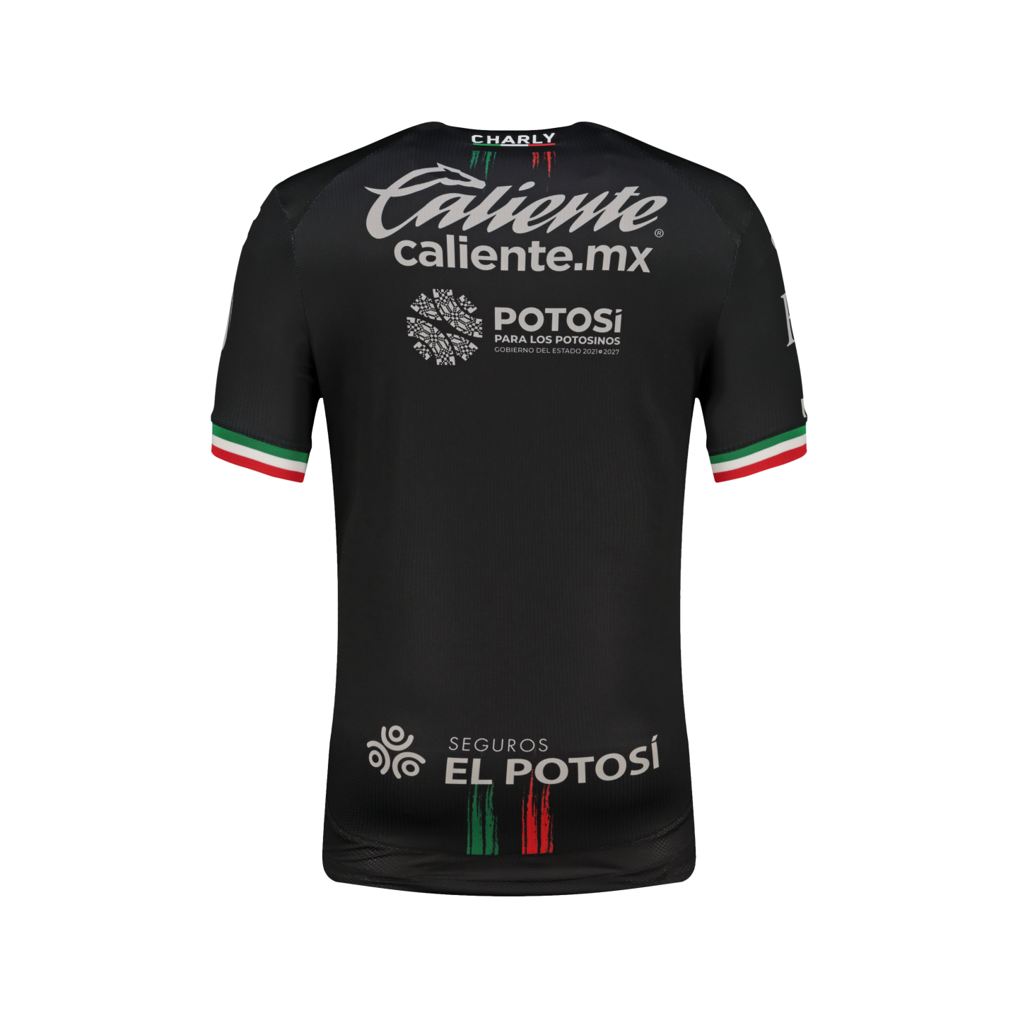 Back view of a black Charly soccer jersey with white sponsor logos. Features green, white, and red stripes on the sleeve cuffs and collar, inspired by the Mexican flag.