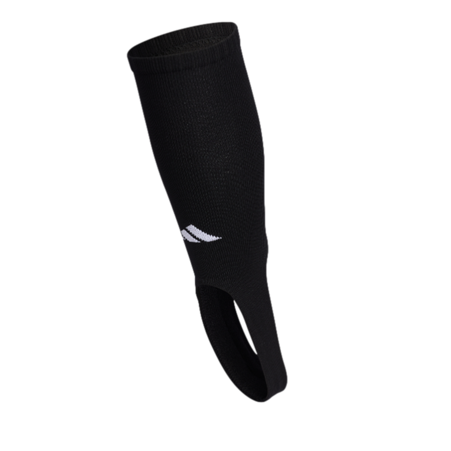 A black Adidas stirrup leg sleeve featuring a white brand logo and a bottom loop that goes under the foot, displayed against a plain white background.