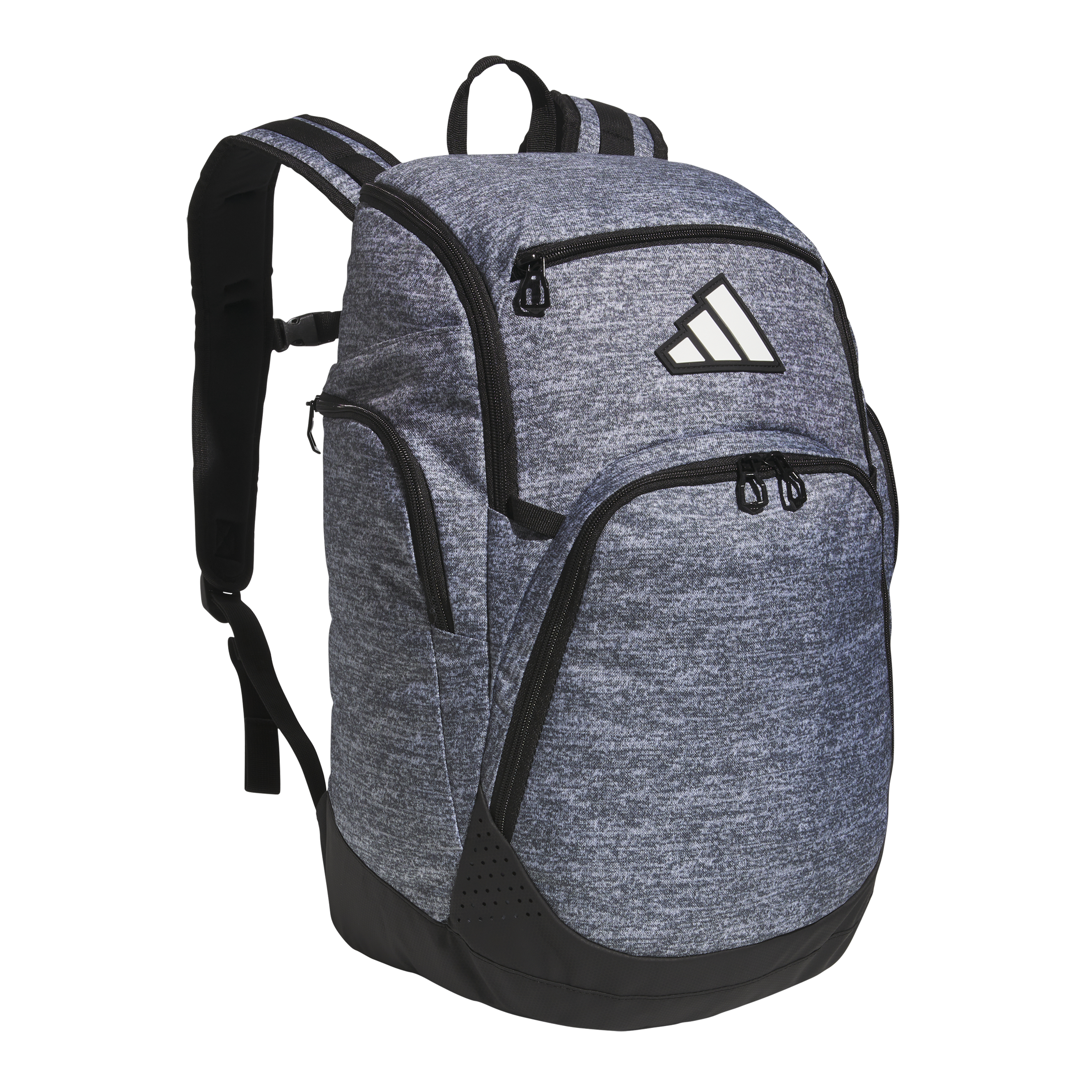 A gray heathered Adidas backpack with black accents, multiple zippered compartments, and a white three-stripe logo on the front.