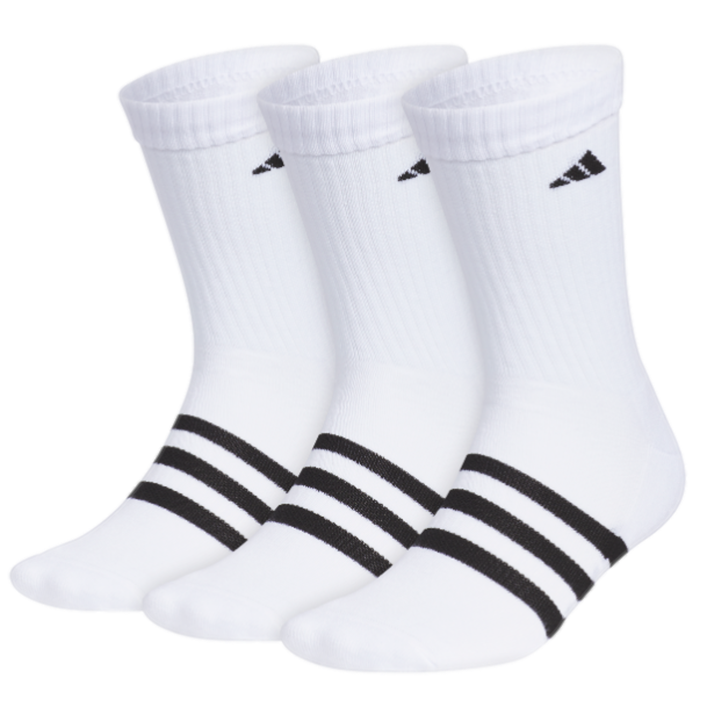 Three white crew-length socks with three black horizontal stripes across the instep and a small black logo near the ribbed cuff.