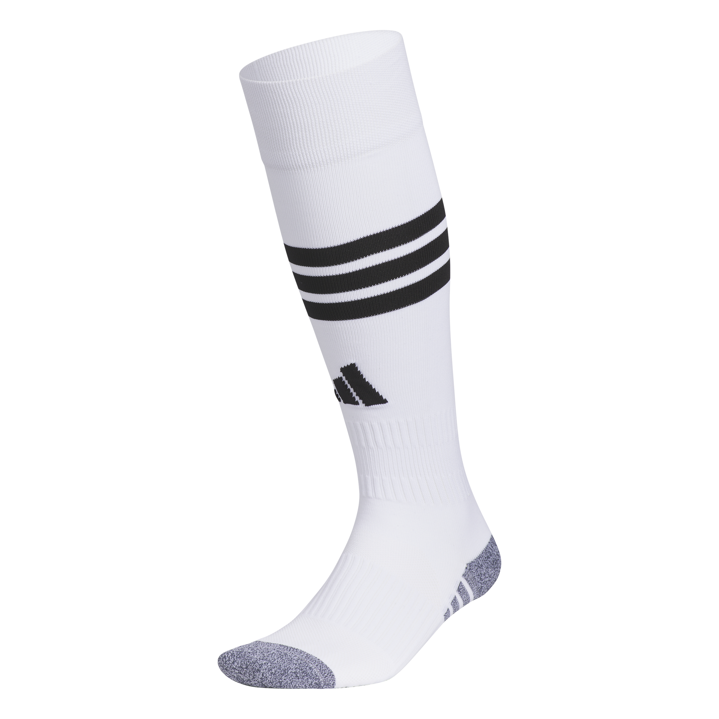 A white Adidas knee-high soccer sock featuring three black horizontal stripes on the calf, a black logo, and grey reinforced toe and heel sections.