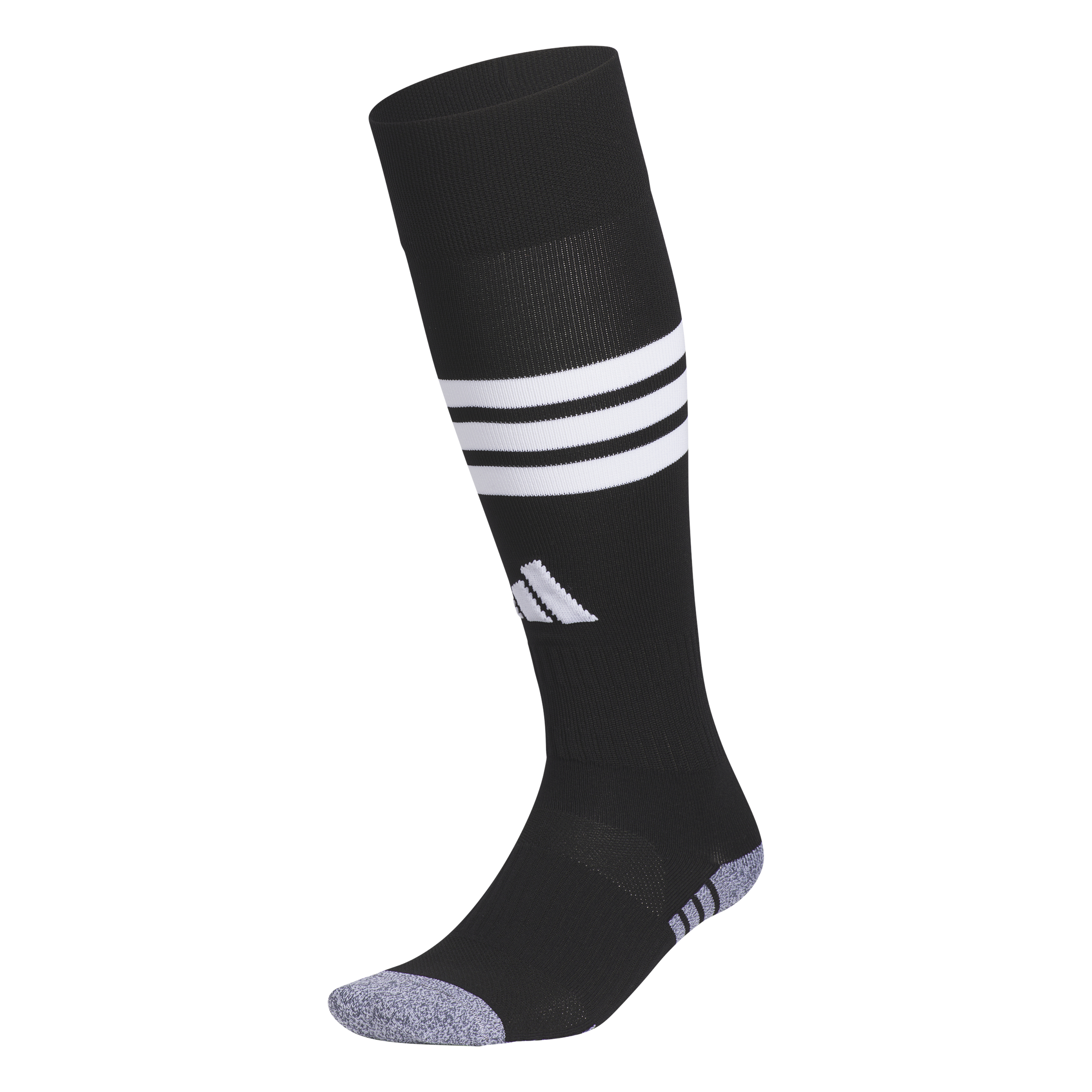 Black Adidas knee-high soccer sock with three white stripes, a white logo on the shin, and grey speckled toe and heel sections.