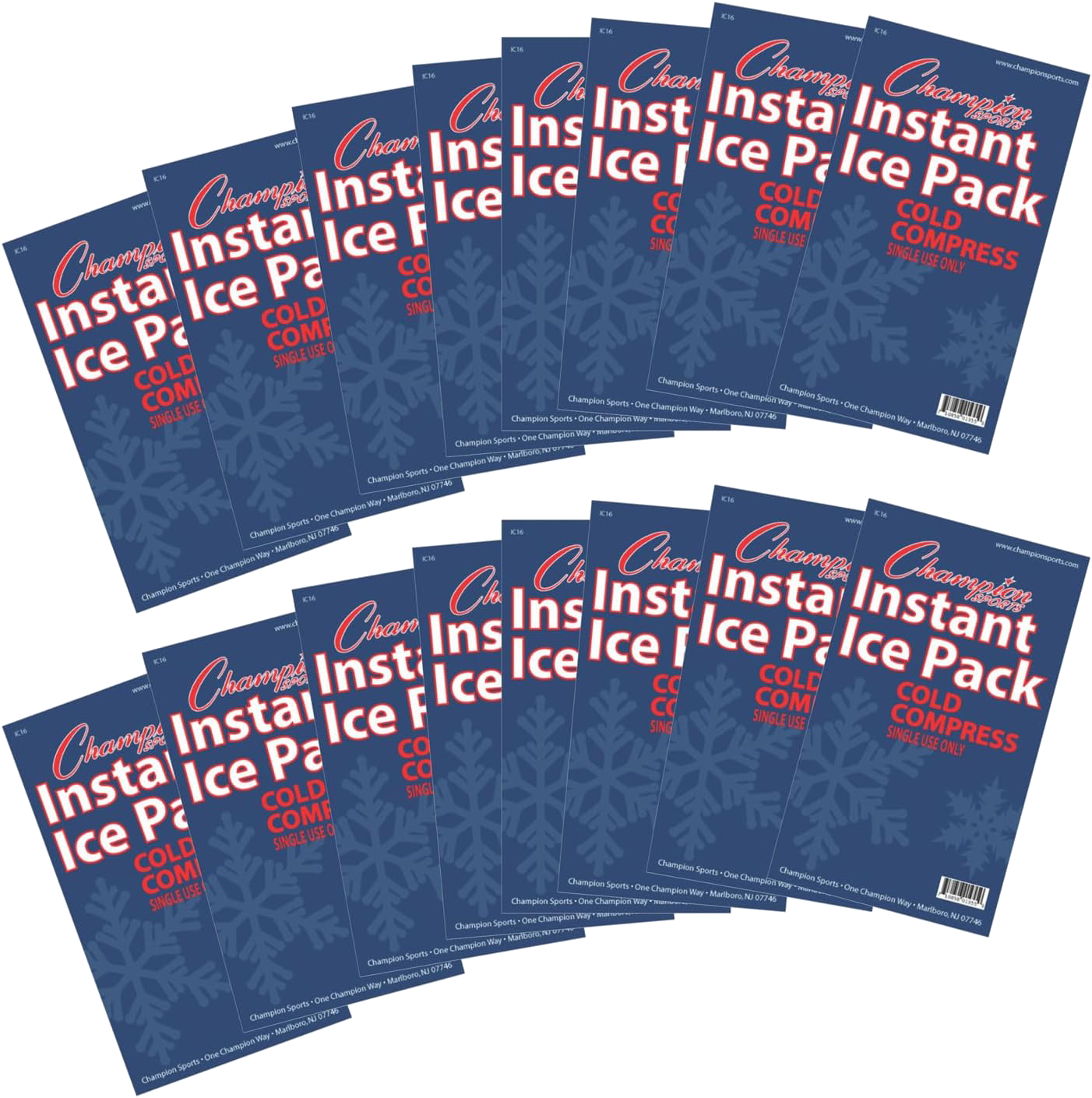 Two fan-shaped arrangements of blue Champion Sports Instant Ice Packs are displayed against a solid black background. The packets feature a large white snowflake graphic and red and white lettering.