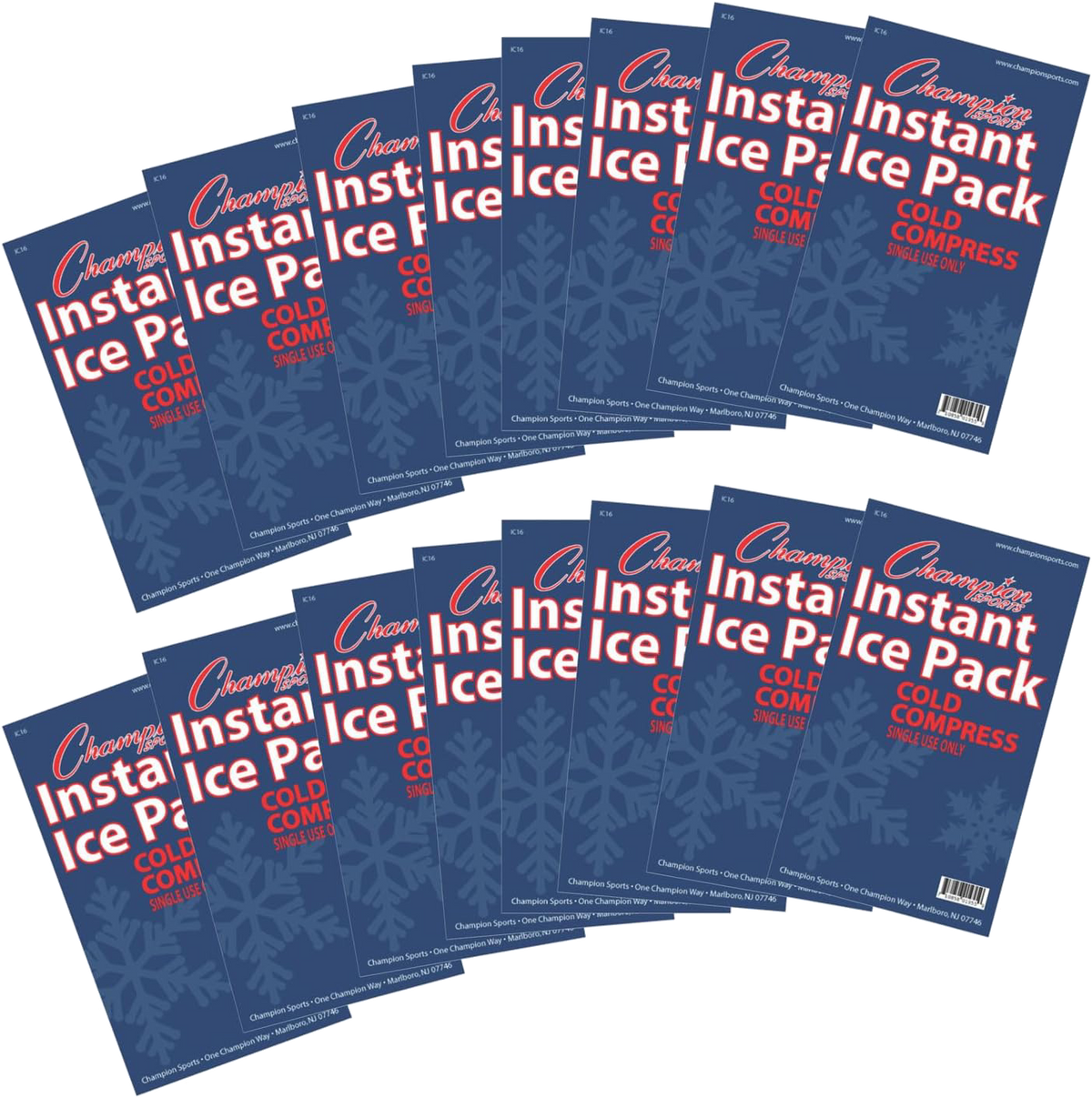 Two fan-shaped arrangements of blue Champion Sports Instant Ice Packs are displayed against a solid black background. The packets feature a large white snowflake graphic and red and white lettering.