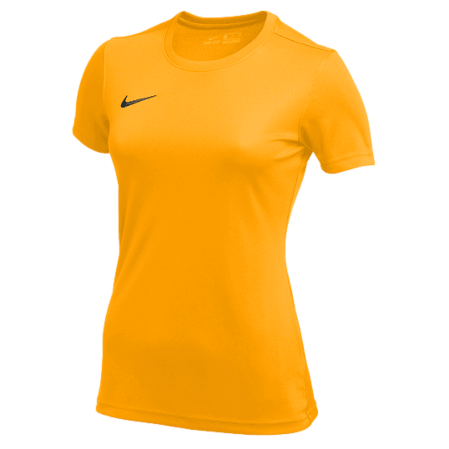 A bright yellow short-sleeved Nike athletic t-shirt for women, featuring a black swoosh logo on the right chest.