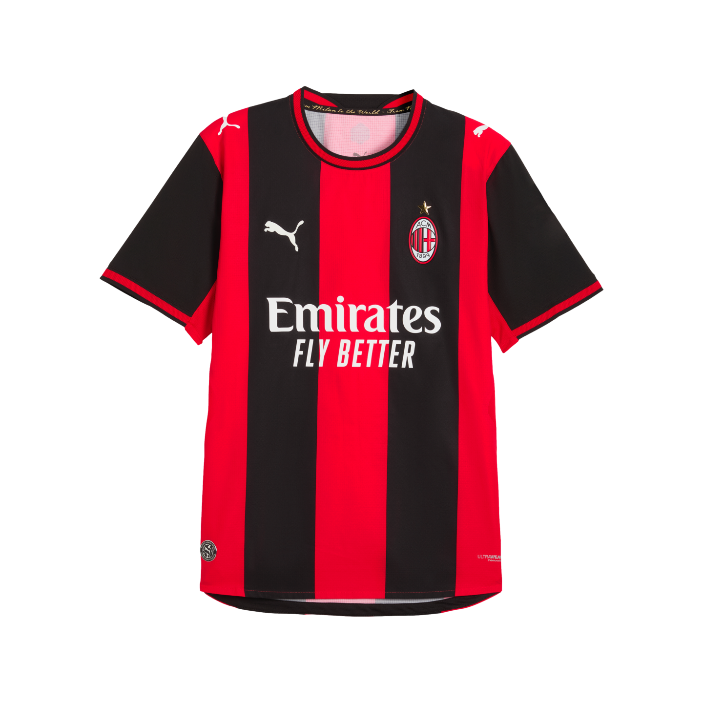 AC Milan home football jersey featuring red and black vertical stripes, with Puma and Emirates logos on the front.