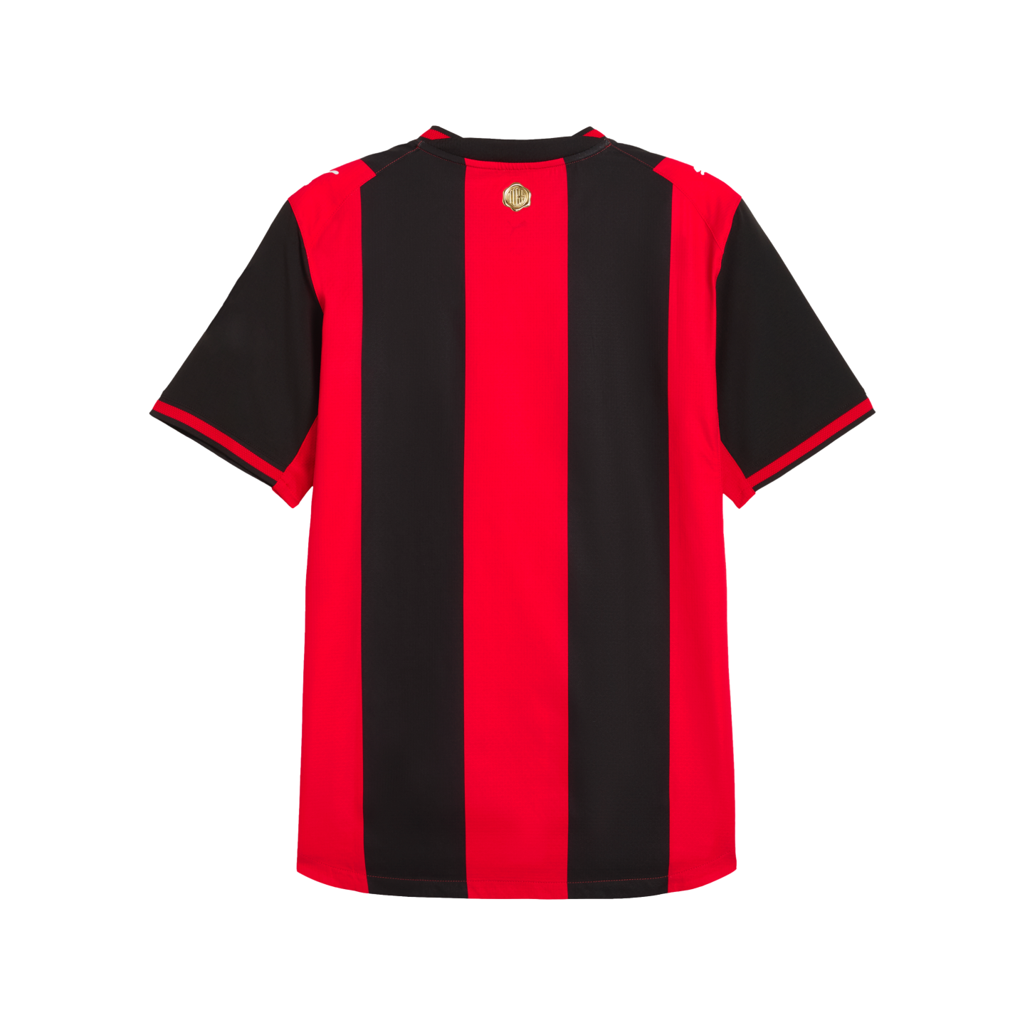 Back view of a red and black vertically striped soccer jersey with short sleeves and a small gold emblem below the collar, set against a plain white background.