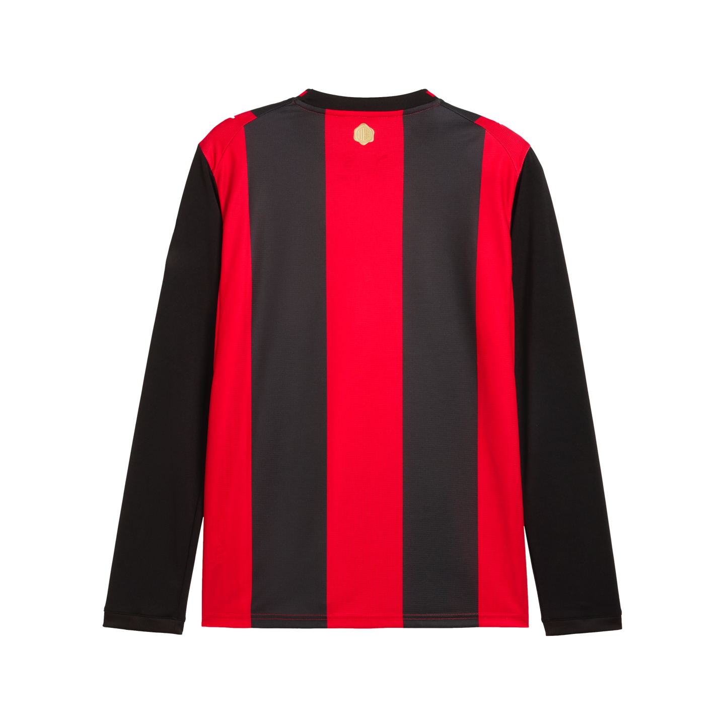 Back of a long-sleeved jersey with red and black vertical stripes on the torso and solid black sleeves. A small gold emblem is centered near the neckline.