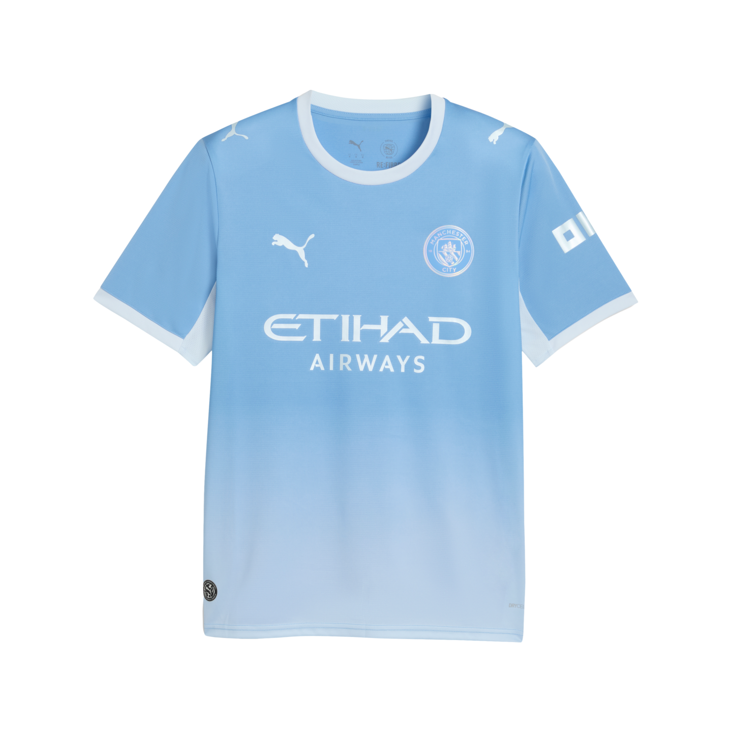 A light blue Manchester City home jersey with white trim, featuring the team crest, Puma logo, and Etihad Airways sponsor against a subtle blue gradient.