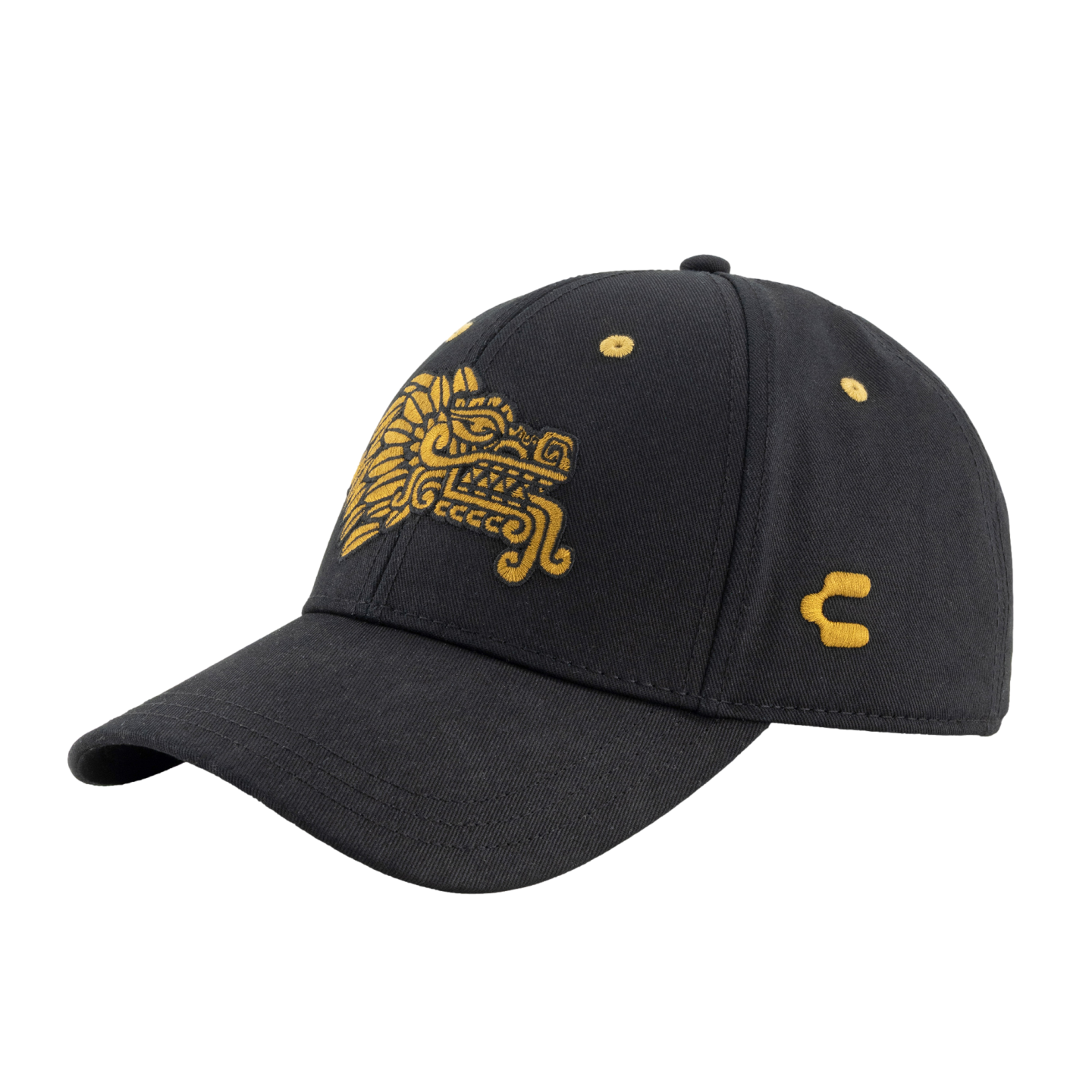 Black baseball cap with a gold embroidered Aztec-style feathered serpent head on the front and a small gold logo on the side.