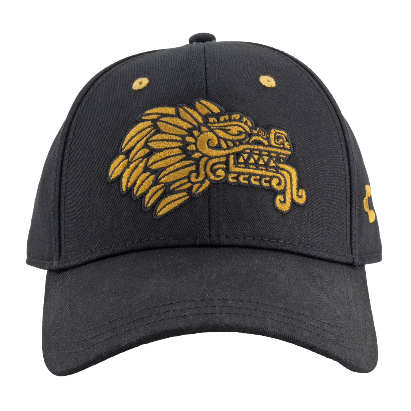 A black baseball cap featuring a gold embroidered Mesoamerican feathered serpent on the front and a small yellow logo on the side.